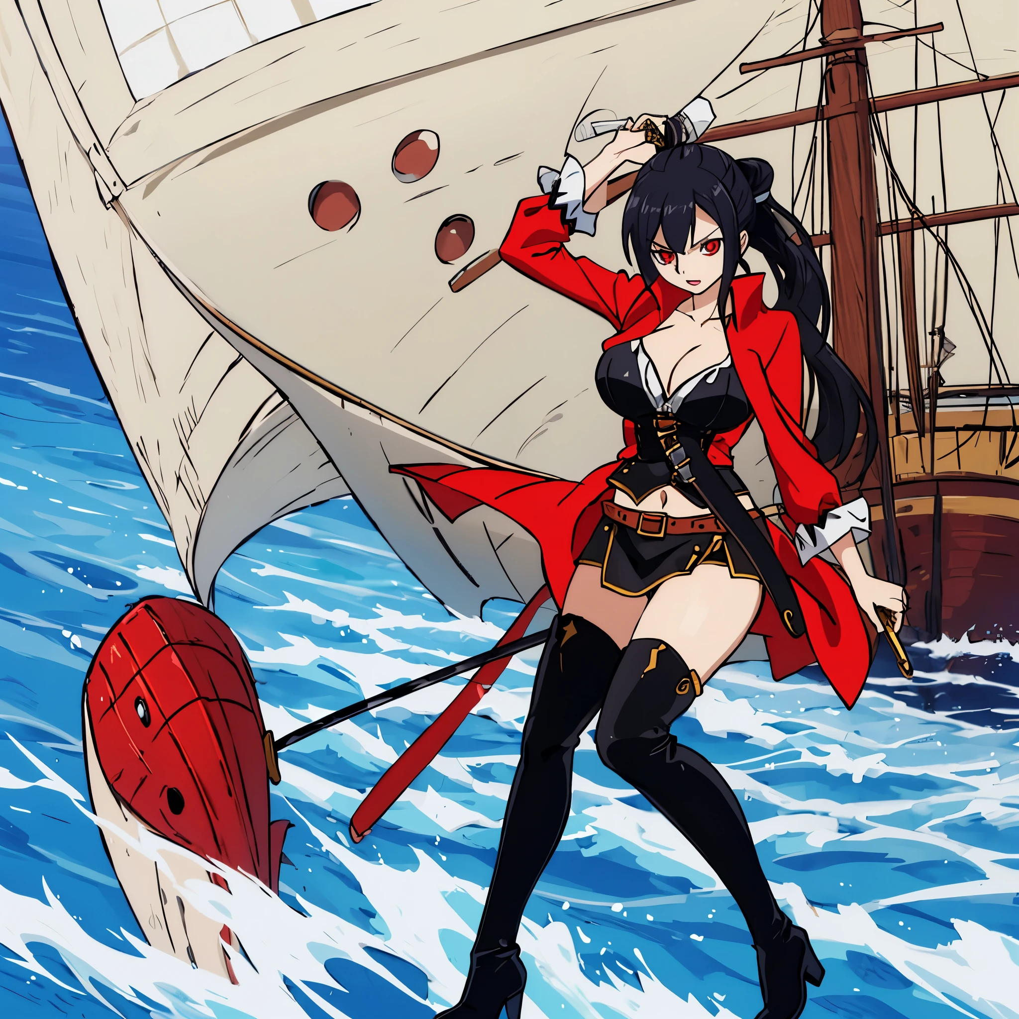 Alone woman in ship // black hair tied in a ponytail // red eyes // big breasts // black high boots // pirate // katana 