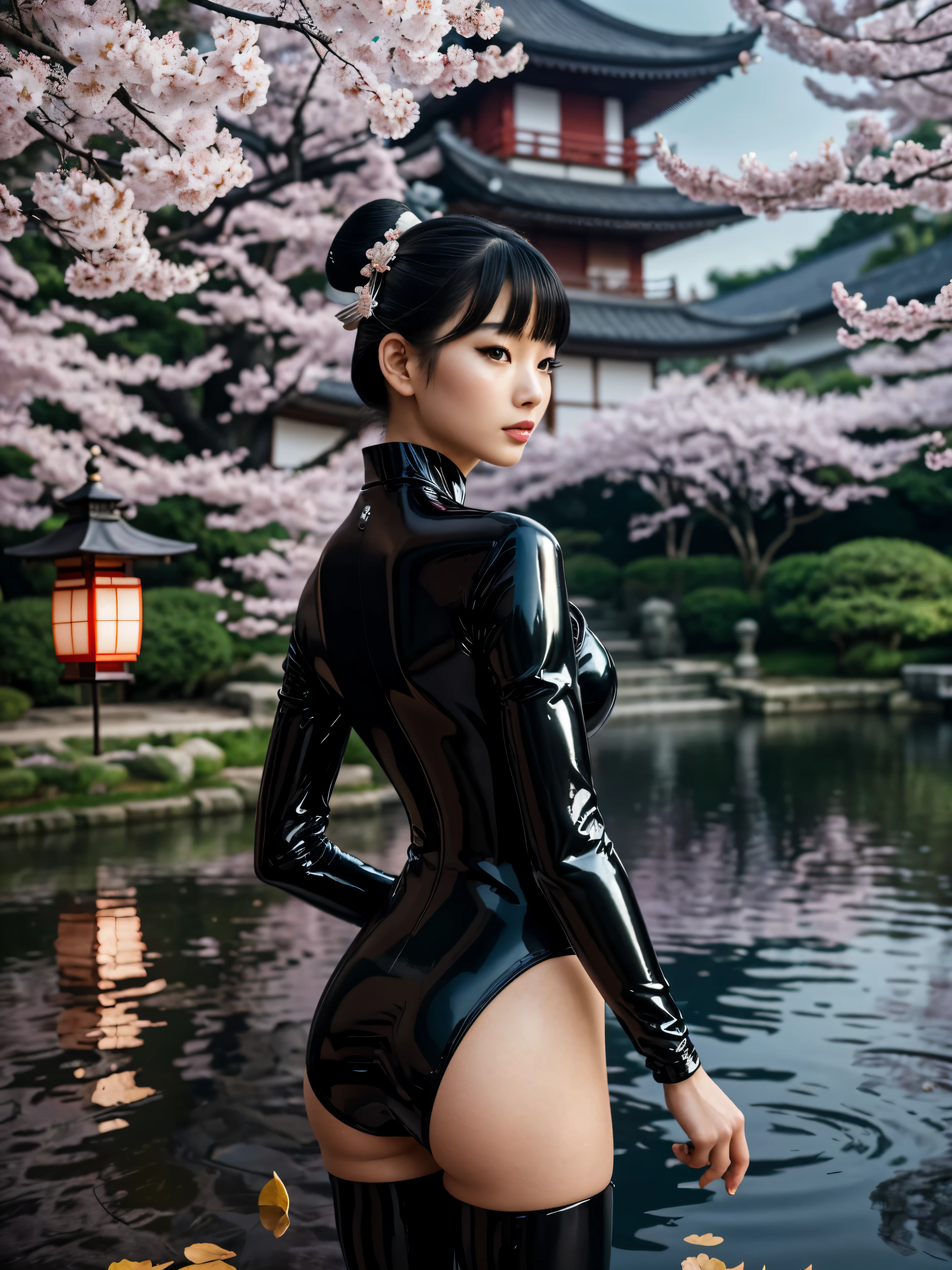 (Best Quality, 4k, 8K, A high resolution, Masterpiece: 1.2), Ultra Detail, Realistic: 1.37, HDR, UHD, (Studio lighting), (Perfect Detail: 1.1), (Beautiful and Clear Background: 1.2), (Extremely Detailed CG, Best Shadows: 1.1), (symmetry), (Impressive Attention to Detail), (A high resolution Images). {A juxtaposition of innocence and sensuality, a mysterious charm, a contrast between tradition and modernity, a fascinating combination of Eastern and Western aesthetics}. Harmonious composition, visually vibrant, ethereal atmosphere, epic fantasy, stunning visuals, mind-blowing concept, artistic grace, meticulously crafted details, a defining combination of realism and imagination, vibrant colors, seamless integration of desire and reality, mesmerizing magic in a futuristic world. , superb art direction, gorgeous surrealism with a hint of futuristic aesthetic, captivating scenes with cyberpunk elements. (((Kimono Style Latex Bodysuit))), Latex, Sexy Wear, Traditional Japanese Kimono Style, Vibrant Colors, Detailed Patterns, Slim Fit, Thin Material, Attractive Silhouettes, Exquisite Craftsmanship, kimono style design, perfectly tailored, Mesmerizing textures , brilliant shine, alluring curves, alluring poses, enchanting atmosphere, erotic charge, elegant beauty, confidence and grace, Thin seduction. girl as a Geisha, (beautiful, detailed, expressive) eyes, (smooth, symmetrical, narrow) nose, (delicate, definite, petal-shaped) lips, ashy hair with pale pink tips, (flawless, porcelain) skin, (Thin, gentle) make up . Delicate blossoming cherry tree, graceful poses, paper lanterns, Glowing moonlight, soft shadows, tranquil atmosphere, cherry blossom petals floating in the air, gentle breeze, silhouettes of buildings in the distance, reflections in the water, calm garden pond, colorful swimming koi. crimson and gold autumn leaves, gently cascading foliage, a majestic pagoda in the background, a (Thin, faint) hint of fog, an (authentic, traditional) Japanese aesthetic,