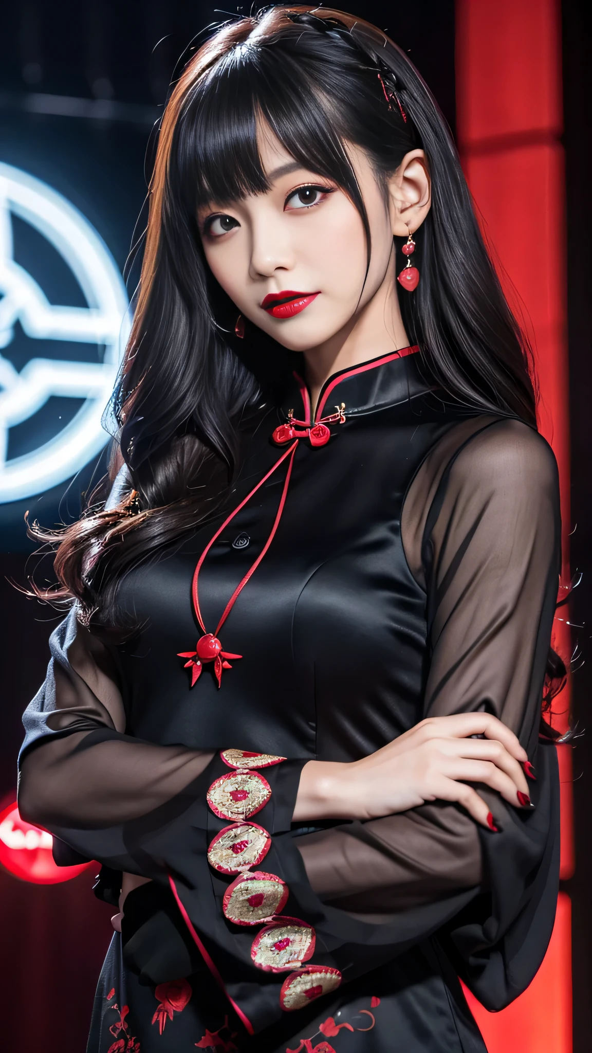 Super detailed、Japanese、charming beauty、seductive adult woman、Beautiful woman、sharp eyes、cool girl、wavy hair、flowing bangs、long black cheongsam、wide sleeve、evilの幹部、evil depravity、brainwashing、Mind control、apply lipstick、grin、evilな表情、evil、empty eyes、evil、stage、vampire、vampire、Hypnosia makeup brush