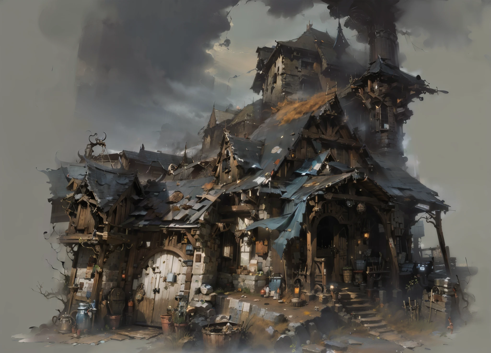 best quality,masterpiece,(:1.5),A hunter's workshop in Middle-earth,Dilapidated cottage,transparent house,reference《Lord of the Rings》,(Stanley Ategg Liu:0.106),(a detailed :0.353),(Renaissance classical style:0.8)