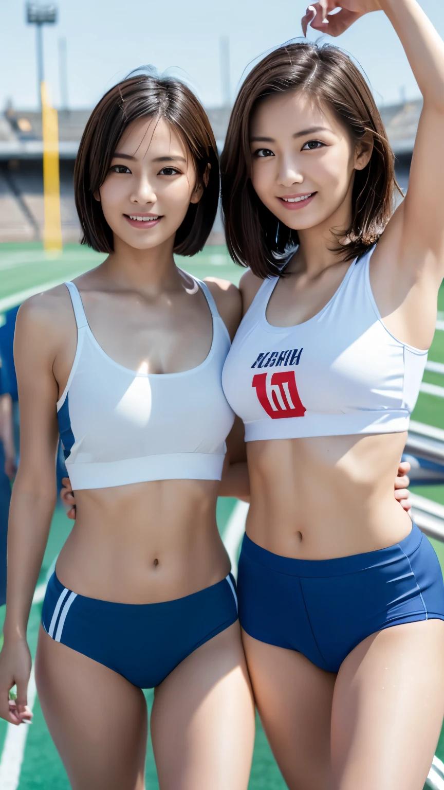 (2 girls, same height :1.2) , 、japanese girl ,  (smile:0.7), walk next to each other ,  (athletics stadium),sweaty body、wet hair、sexy track and field uniform,english bib,  armpit, big breasts,realistic nipples, realistic butt crack, にやにやのsmile, very short hair , (high color saturation:1.0),  (highly detailed skin), (highest quality:1.0), (超A high resolution:1.0) ,(realistic:1.0), (Super detailed:1.0), (8k, RAW photo:1.1)、((trimmed pubic hair))、ripped abs