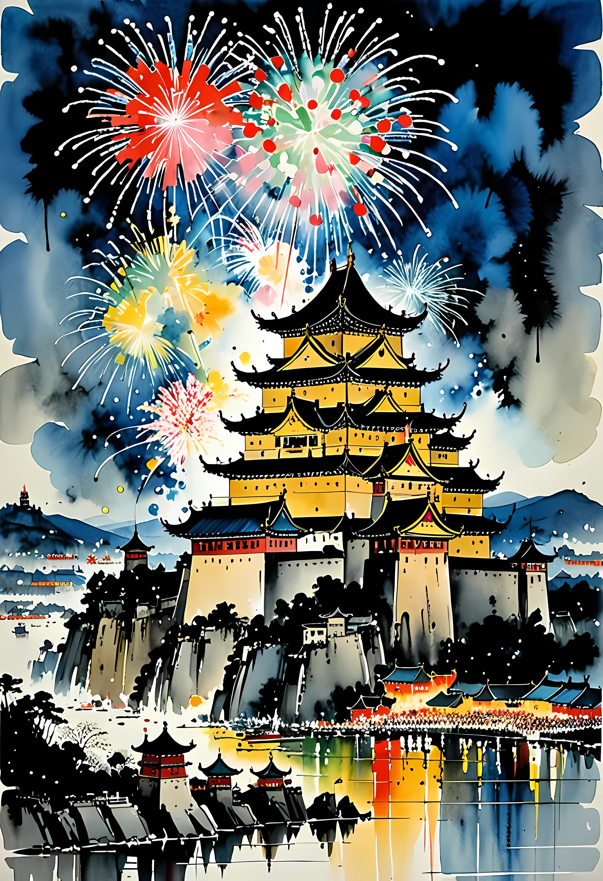 by Wu Guanzhong, ink and wash, castle celebration, nighttime, fireworks, vibrant colors, high saturation (best quality, perfect masterpiece, Representative work, official art, Professional, high details, Ultra intricate detailed:1.3)