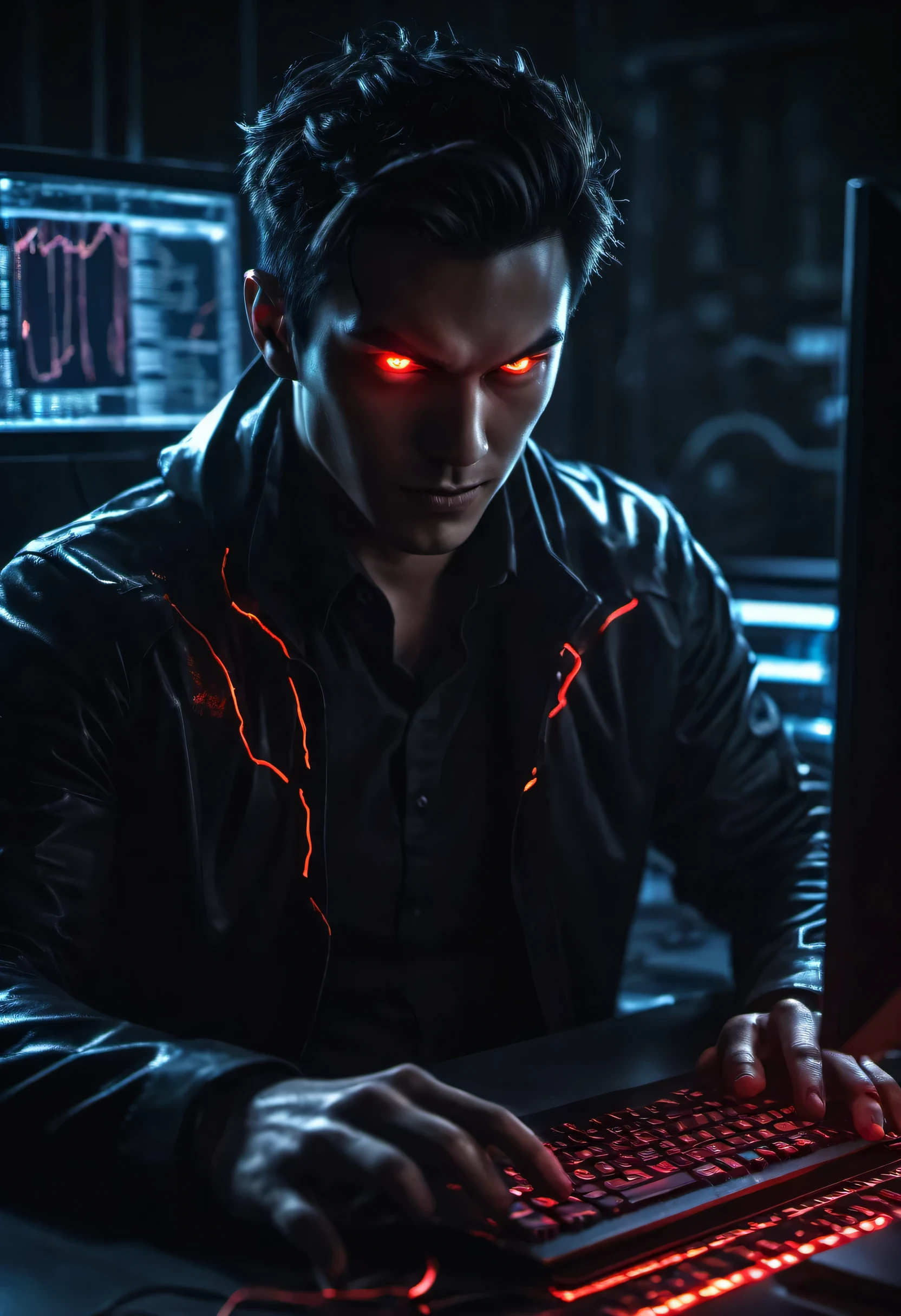 anime man with a dark and brooding demeanor, with glowing red eyes and a malicious grin, hacking into a powerful computer system with visible electric currents flowing through his body, while ominous shadows surround him, (sinister:1.2), (dark and moody lighting), (ominous atmosphere), (contrast between light and darkness)