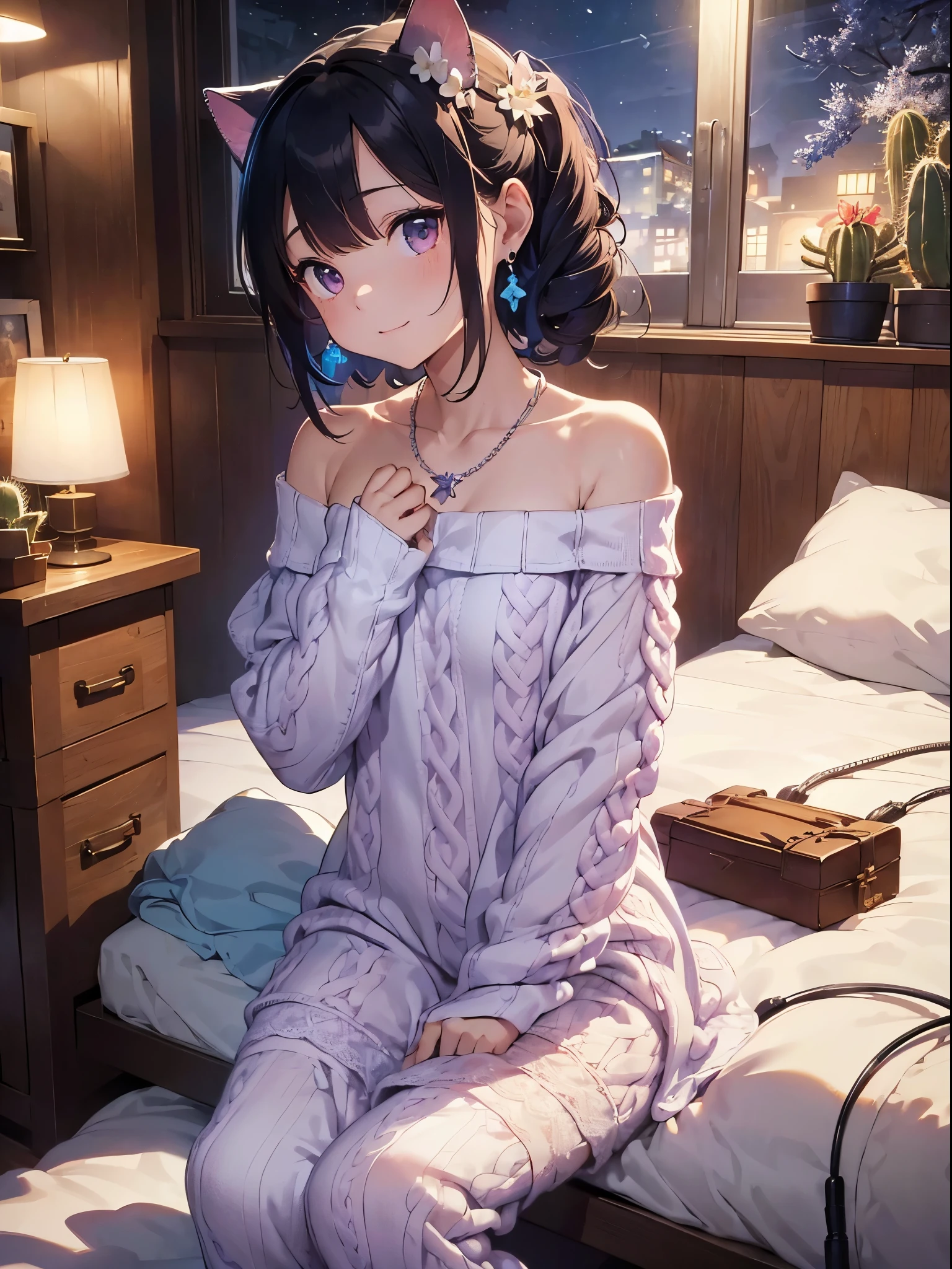 masterpiece,Highest quality,Super detailed,Highly detailed CG,High resolution,Highly detailed skin,Perfect Anatomy,Trick him?Fantastic details,Cowboy Shot,Purple eyes,lipstick,eyeliner,eye shadow,thin,Shiny skin,Medium chest,Bobcut,Silver Hair,Shiny Hair,(sleepy:1.4),(Bathrobes:1.5),(bracelet:1.4),(Crossing your legs:1.4),(Hands close to the face:1.5),(Cleavage:0.4),(living room:1.4),(cream puff:1.5),(Rose:1.3),(On the sofa:1.4)、holding cream puff in hand