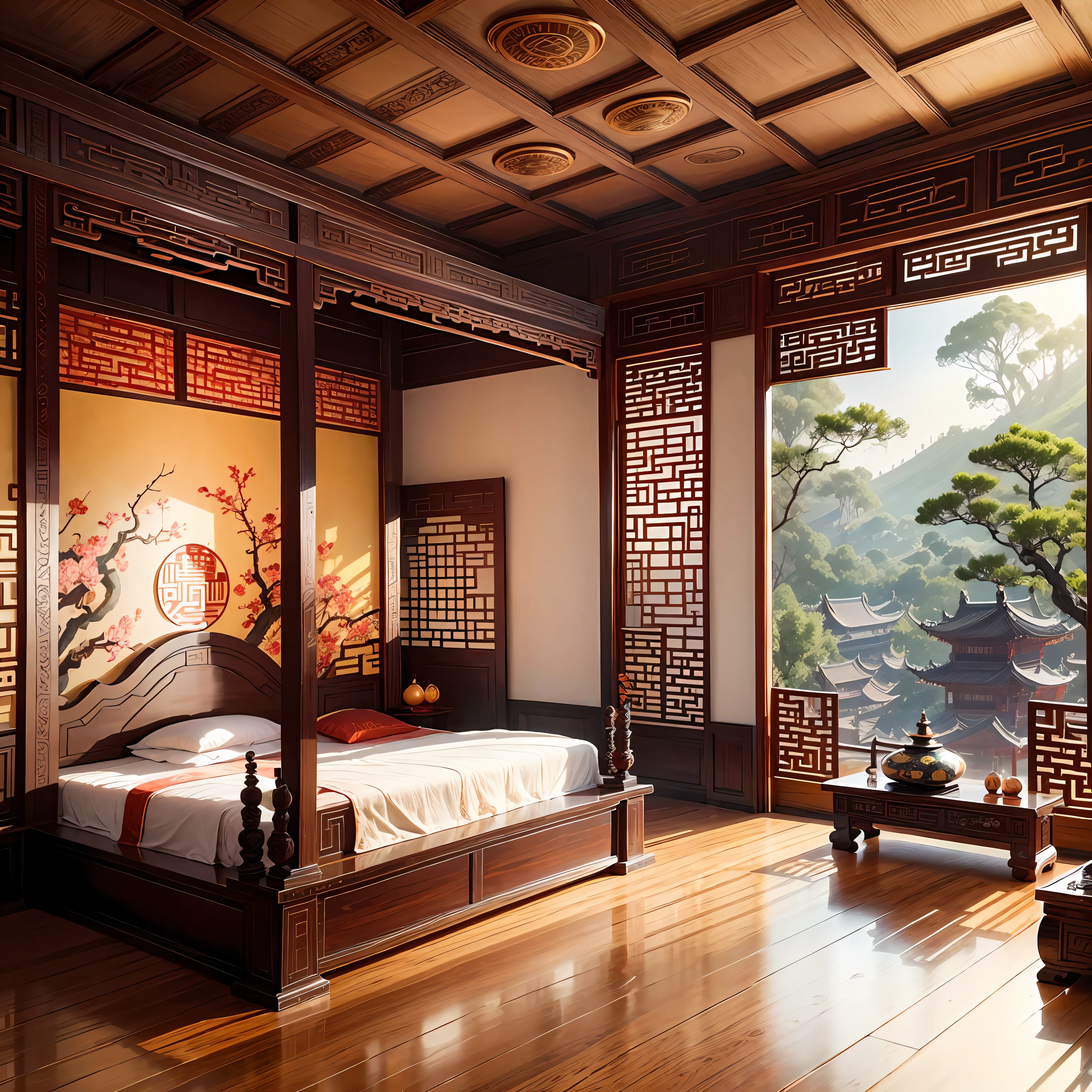 Chinese scene,Vintage furniture,There are flowers on it,Used Classical Aesthetics,oriental wallpaper,Antique rhyme,Chinese painting style,Soft light and light tones,inspired by Emperor Huizong of Song,high-definition picture quality,4k