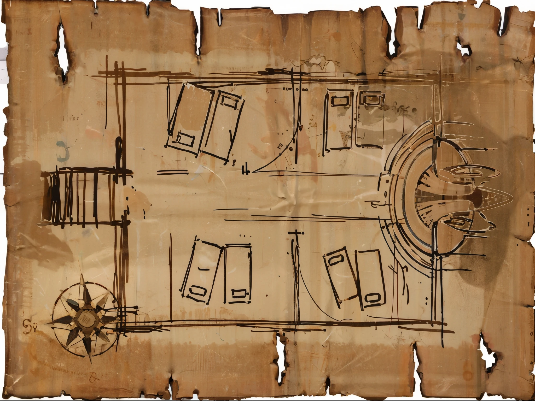 best quality，masterpiece，（：1.5），A hand-drawn parchment map，worn parchment，Medieval hand drawn maps，architectural base map，The Death Statue appears on the map，Map with pen on kraft paper，reference《Lord of the Rings》，（Stanley Ategg Liu：0.106），（a detailed ：0.353），（Renaissance classical style：0.8）