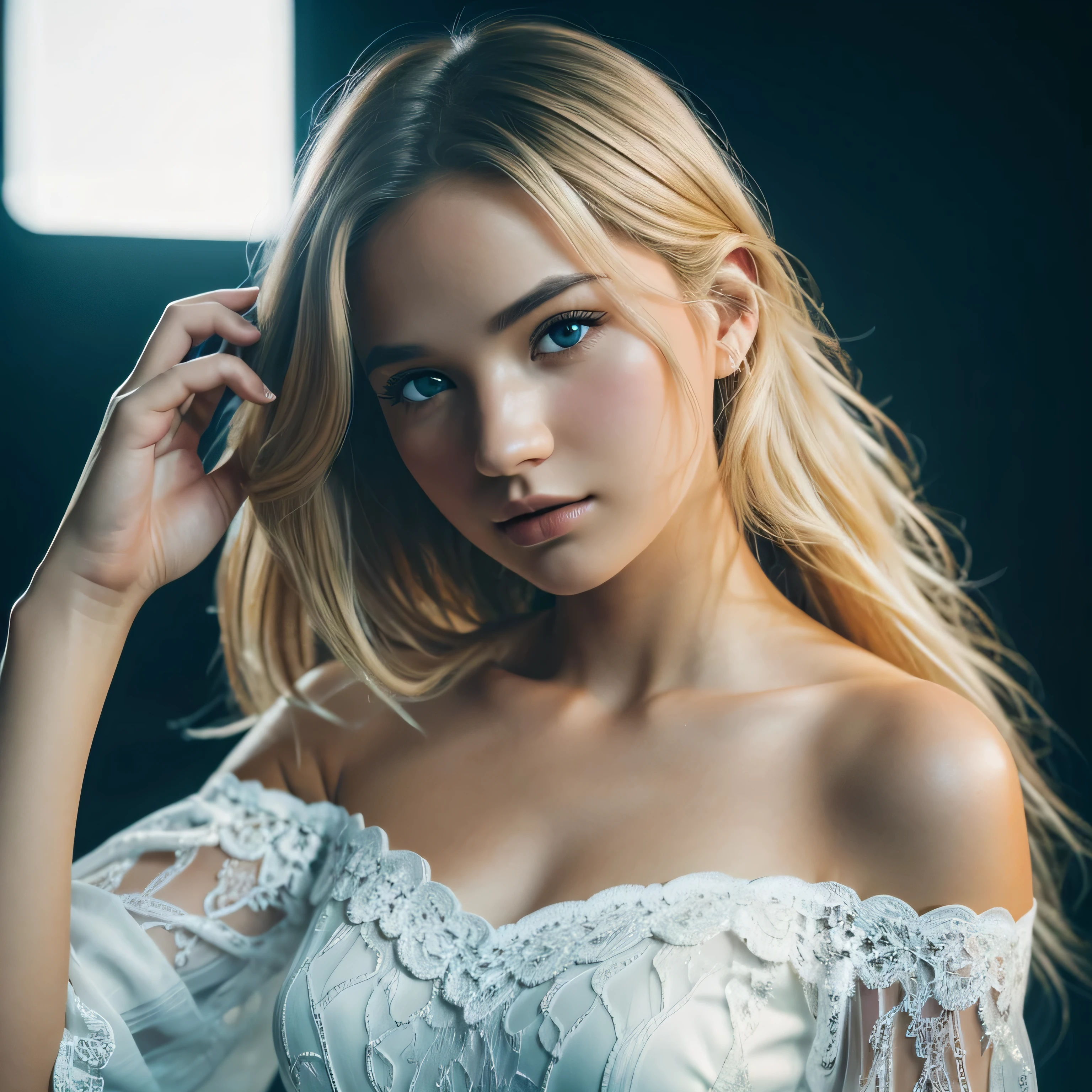Top Quality, masterpeace, extra high resolution, (Photorealistic:1.4), Raw, 1 girl, blonde woman, blond hairbl, collosal tists, Brown eyes, solo, 19yo, off-shoulder, black lace lingerie, hair light, Shiny hair, eye highlights, Dark, deep-shadows, Low key, Cold light, Fujifilm XT3, (high quality:1.3), (ultra detail:1.3), (high resolution:1.3), crystal clear, Cinematic lighting, volumetric lighting, (film grain:1.2), 1 girl, 8K, solo