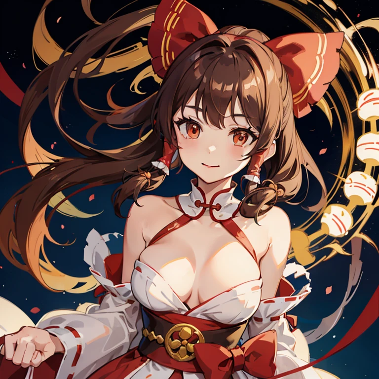 Anime art of women in traditional costumes of Japan, 1girl in, Solo, reimu hakurei, breasts, Hair Bow, Detached sleeves, Bow, chinese clothes, Dress, qipao dress, hair tubes, cleavage, Red bow, Brown hair, Brown eyes, alternate costume, Smile, Clothes Cutout