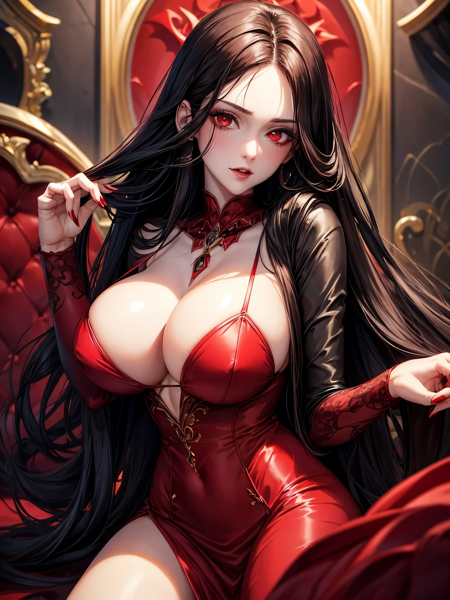 beautiful vampire goddess, brunette very long hair, red eyes, wearing a sexy red and black dress, ultrasharp, looking at the viewer, ((best quality)), ((masterpiece)), (detailed), perfect face, big breast, sexy body, (masterpiece), (best quality), (ultra detailed),(disheveled hair),(illustration), looking at viewer, detailed eyes, best lighting, best shadow, add detail,