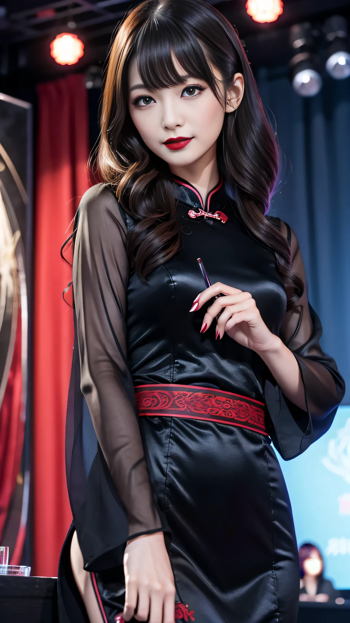 Super detailed、Japanese、charming beauty、seductive adult woman、Beautiful woman、sharp eyes、cool girl、wavy hair、long black cheongsam、wide sleeve、evilの幹部、evil depravity、brainwashing、Mind control、lipstick、grin、evilな表情、evil、empty eyes、evil、church at night、vampire、vampire、Hypnosia makeup brush