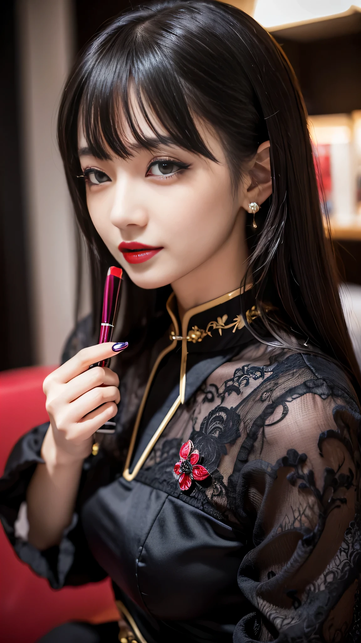 Super detailed、Japanese、charming beauty、seductive adult woman、Beautiful woman、sharp eyes、cool girl、wavy hair、flowing bangs、long black cheongsam、wide sleeve、evilの幹部、evil depravity、brainwashing、Mind control、apply lipstick、grin、evilな表情、evil、empty eyes、evil、stage、vampire、vampire、Hypnosia makeup brush