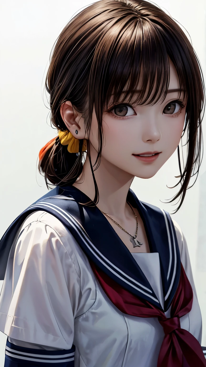 (highest quality、8k、32K、masterpiece)、(realistic)、(Photoreal:1.2)、(High resolution)、Super detailed、very beautiful face and eyes、1 girl、round and small face、thin waist、delicate body、(close、highest quality、high detail、rich skin details)、(highest quality、8k、oil paint:1.2)、Super detailed、(realistic、realistic:1.37)、bright colors、(((brown hair)))、(((bust shot)))、(((medium hair)))、(((pure white wall background)))、(((pure white wall background)))、(((wear a sailor suit)))、(((I&#39;laughing)))、(((Wearing a short-sleeved sailor uniform)))、(((look straight ahead)))、(((I have brown hair)))、(((wearing a heart necklace)))、(((she is wearing a sailor suit)))、(((her hair is tied up with a yellow scrunchie)))、(((The right hand is behind the head)))、(((I can see the side)))