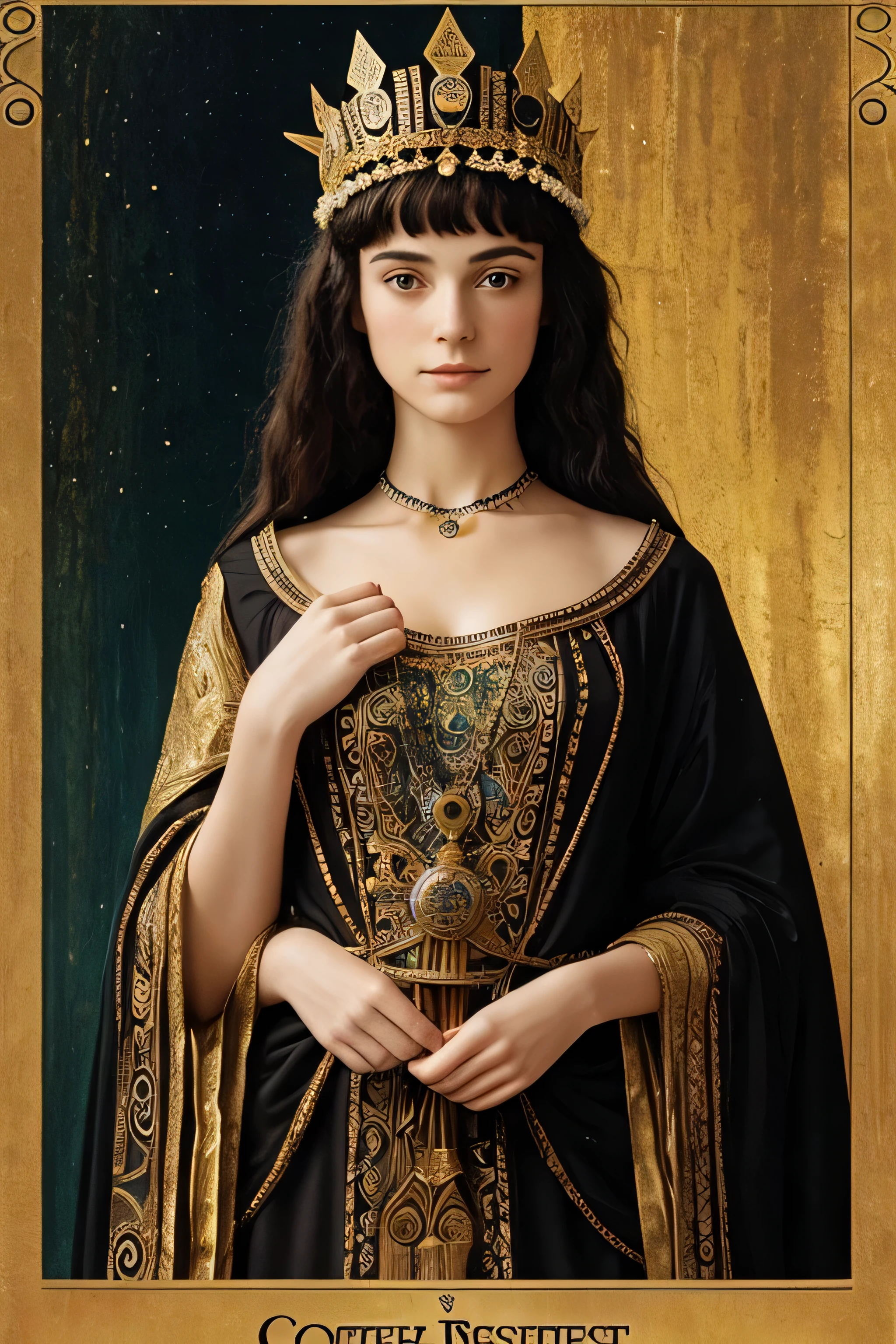 une carte de tarot, effet vieilli, cadre doré avec ornements ,Gustav Klimt, Egon Schiele, une femme vêtue d&#39;une robe et d&#39;a metal headdress, Strange beauty, porter des vêtements richement ornés, calice antique dans les mains , effet peinture, peint par klimt, Occulte, pose dynamique, bandeau sur les yeux