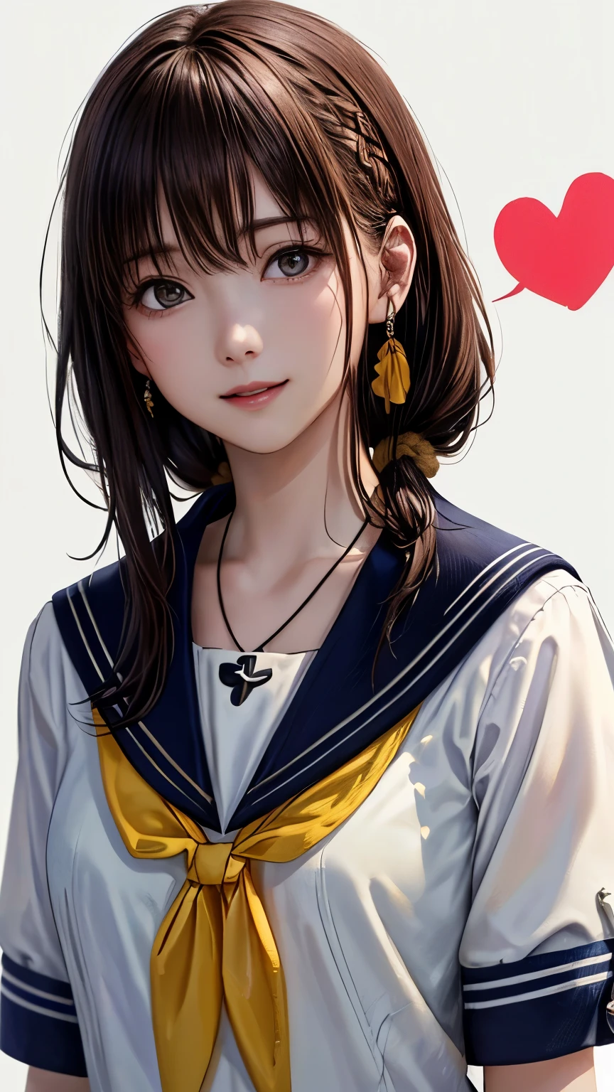 (highest quality、8k、32K、masterpiece)、(realistic)、(Photoreal:1.2)、(High resolution)、Super detailed、very beautiful face and eyes、1 girl、round and small face、thin waist、delicate body、(close、highest quality、high detail、rich skin details)、(highest quality、8k、oil paint:1.2)、Super detailed、(realistic、realistic:1.37)、bright colors、(((brown hair)))、(((bust shot)))、(((medium hair)))、(((pure white wall background)))、(((pure white wall background)))、(((wear a sailor suit)))、(((I'laughing)))、(((Wearing a short-sleeved sailor uniform)))、(((look straight ahead)))、(((I have brown hair)))、(((wearing a heart necklace)))、(((she is wearing a sailor suit)))、(((her hair is tied up with a yellow scrunchie)))、