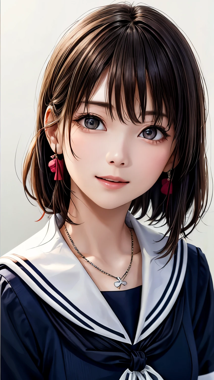(highest quality、8k、32K、masterpiece)、(realistic)、(Photoreal:1.2)、(High resolution)、Super detailed、very beautiful face and eyes、1 girl、round and small face、thin waist、delicate body、(close、highest quality、high detail、rich skin details)、(highest quality、8k、oil paint:1.2)、Super detailed、(realistic、realistic:1.37)、bright colors、(((brown hair)))、(((bust shot)))、(((medium hair)))、(((pure white wall background)))、(((pure white wall background)))、(((wear a sailor suit)))、(((I'laughing)))、(((Wearing a short-sleeved sailor uniform)))、(((look straight ahead)))、(((I have brown hair)))、(((wearing a heart necklace)))、(((she is wearing a sailor suit)))、(((her hair is tied up with a yellow scrunchie)))、(((I have a pen and a notebook)))