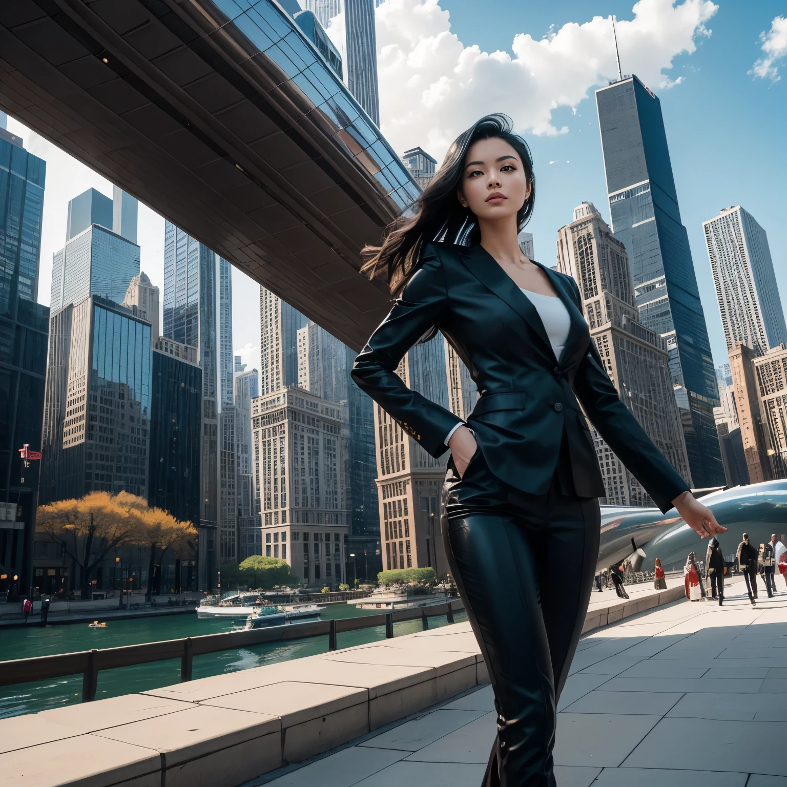 Image Prompt: Immerse yourself in the dynamic energy of Chicago's skyline, where the iconic Cloud Gate sculpture (the Bean) reflects the bustling city below. Show a mix of sleek high-rise condos, historic brownstones, and bustling streets filled with commuters. Include the Chicago River winding through the city, with tour boats passing by.AI-generated Female Model: She's a modern sophisticate, with sleek, shoulder-length hair and a confident demeanor. With a slender yet athletic build, she exudes power and elegance. Dressed in a tailored pantsuit with a pop of color, she epitomizes Chicago's cosmopolitan vibe.