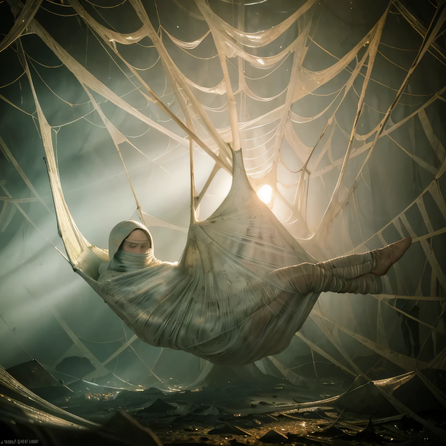 1girl,web covered with dew, dimly lit, eerie atmosphere, dark colors, dusty chalkboard, old desks and chairs, broken windows, torn textbooks, abandoned spider's nest, 2 students in the background studying diligently, rays of sunlight filtering through the cracks. (best quality, highres), (realistic:1.37), oil painting, dramatic lighting, muted tones. (cocoon:1.3)