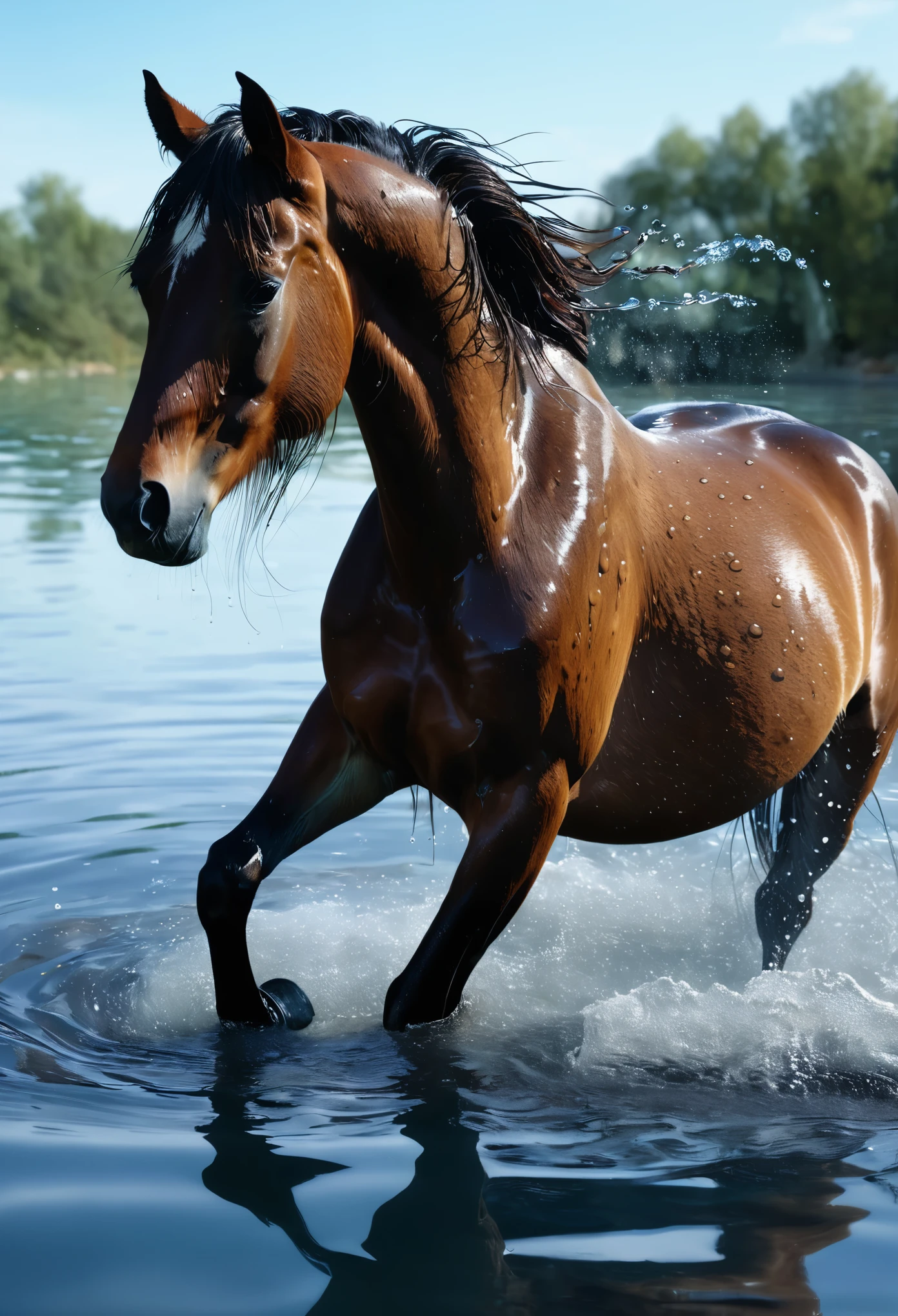 (best quality,4k,8k,highres,masterpiece:1.2),ultra-detailed,(realistic,photorealistic,photo-realistic:1.37),horse swimming in pool,underwater view,swimming horse underwater,water reflections,rippling water effect,rippling light effects,sparkling water,crystal-clear water,submerged horse,body gliding smoothly,streaming water droplets from horse's body,wet horse,reflection of horse in water,horse's muscular body defined by lighting,emphasis on horse's mane and tail flowing underwater,playful and dynamic horse movement,gradient colors in the water,light and shadows forming patterns on the horse's body,subtle details of horse's muscles and veins,water ripples distorting horse's image,peaceful and serene underwater atmosphere