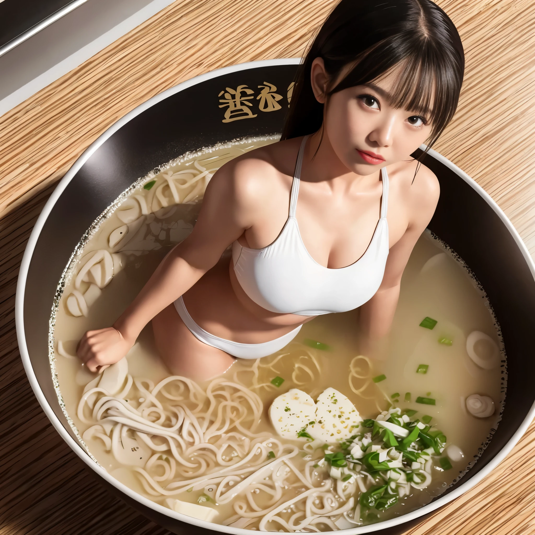 RAW image quality, 8k, (5cm tall girl in a swimsuit for tonkotsu ramen), Sesame, Veneer Ginger, Kayaki, looking at camera, Super high quality CG,