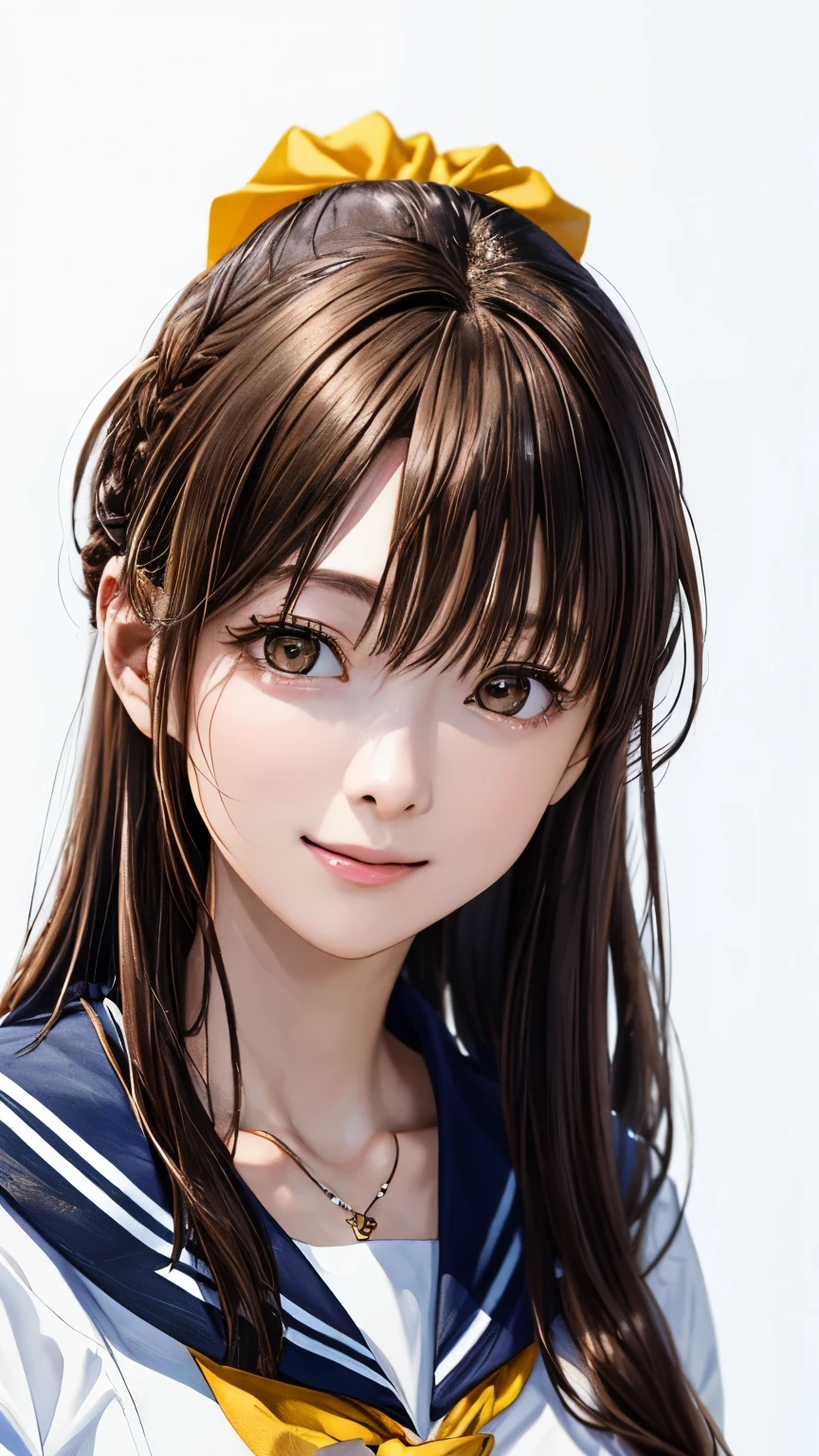 (highest quality、8k、32K、masterpiece)、(realistic)、(Photoreal:1.2)、(High resolution)、Super detailed、very beautiful face and eyes、1 girl、round and small face、thin waist、delicate body、(close、highest quality、high detail、rich skin details)、(highest quality、8k、oil paint:1.2)、Super detailed、(realistic、realistic:1.37)、bright colors、(((brown hair)))、(((bust shot)))、(((long hair)))、(((pure white wall background)))、(((pure white wall background)))、(((wear a sailor suit)))、(((I'laughter)))、(((wearing a short-sleeved sailor suit)))、(((look straight ahead)))、(((I have brown hair)))、(((Wearing a heart necklace)))、(((she is wearing a sailor suit)))、(((her hair is tied up with a yellow scrunchie)))、(((The right hand is behind the head)))、(((I can see the side)))