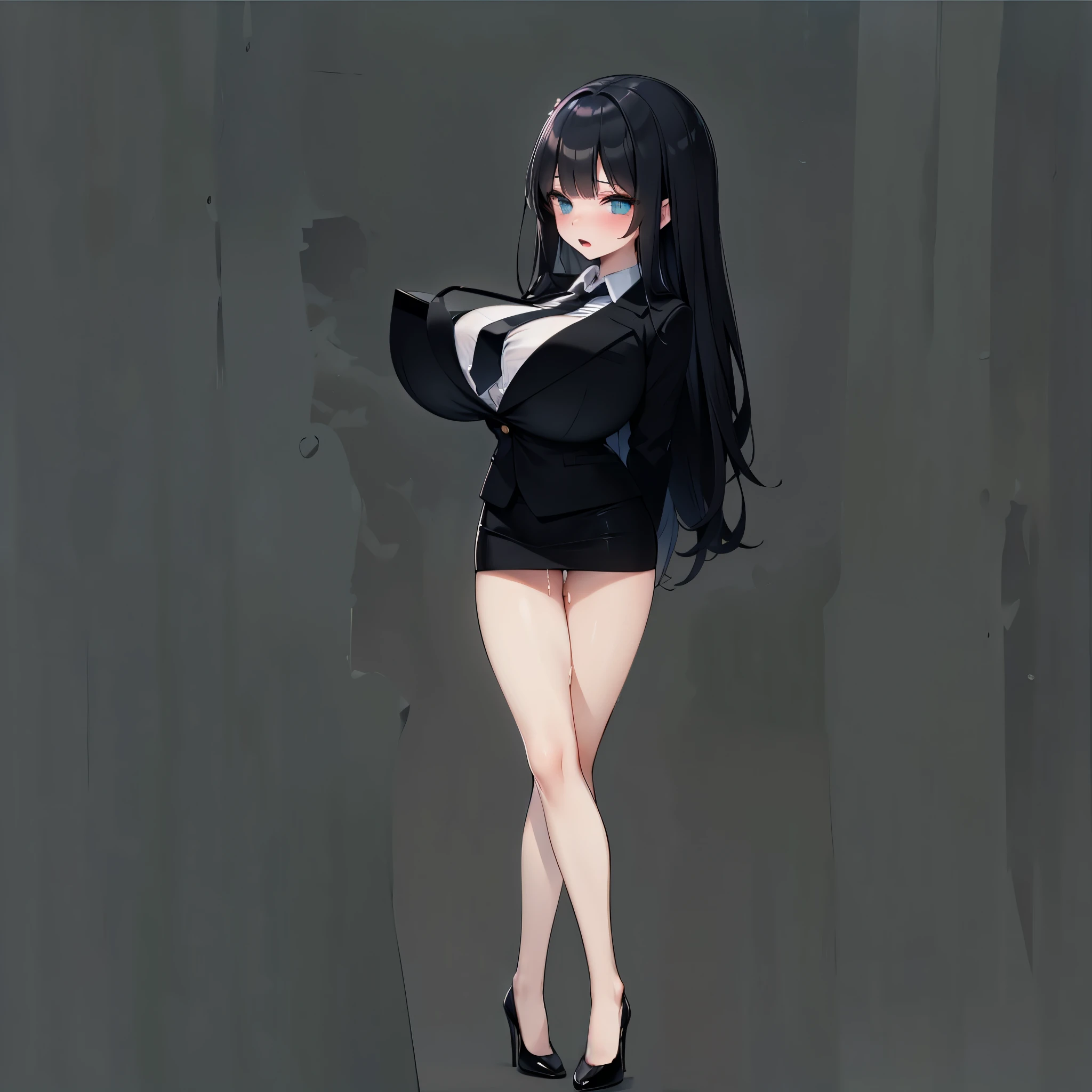 (solo 1 very skinny office lady standing in office:1.3), (swaying back), standing exactly, (arms behind back), (black business suits:1.3), (black blazer with closing chest:1.3), (white dress shirts under blazer:1.3), (bursting gigantic huge breasts:1.3), necktie, (inconceivably narrow waist:1.3), too short black skirt, slim hip, thigh gap, very skinny long legs, highheels, nose blush, perfect anatomy, (orgasm)