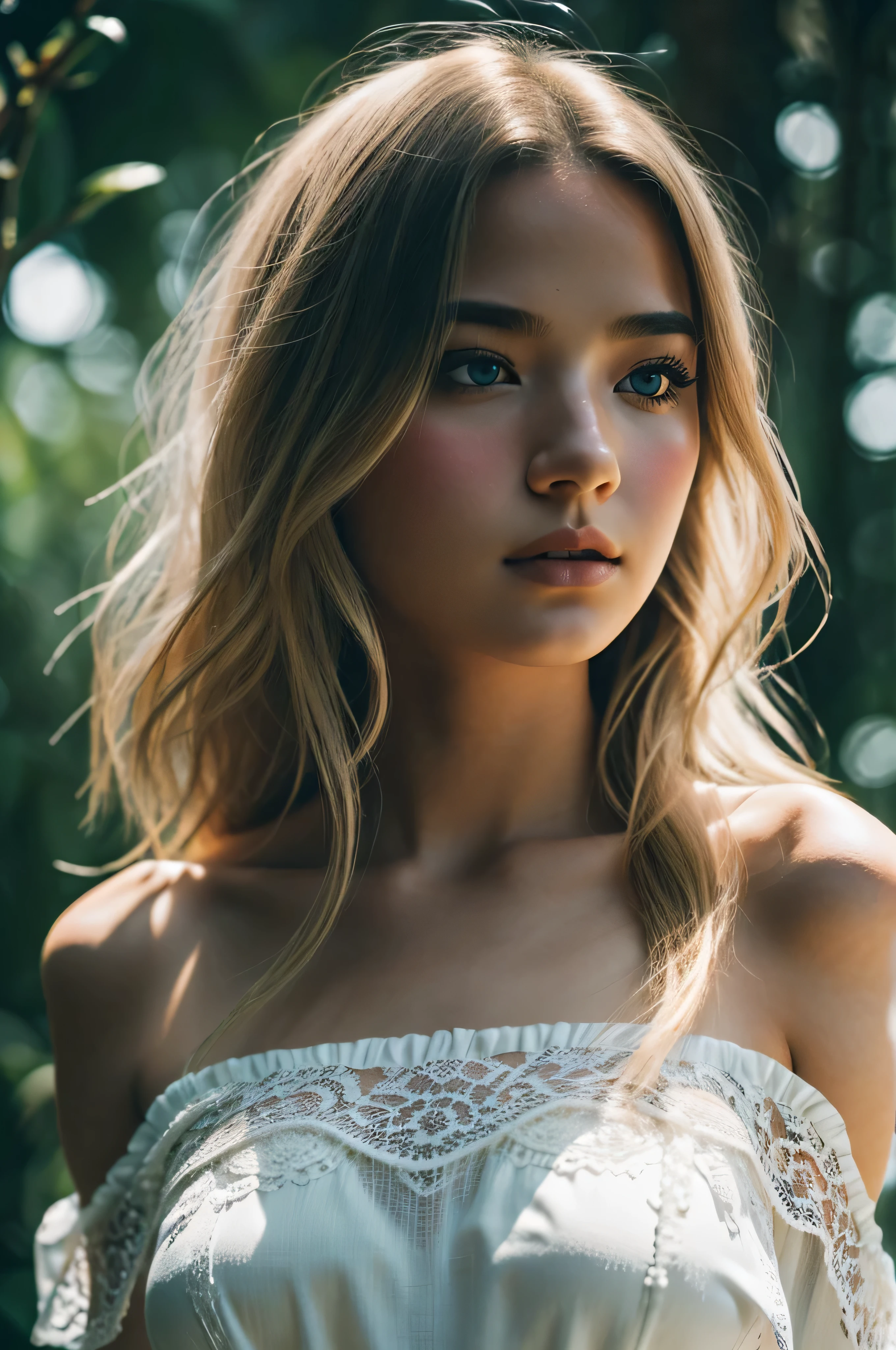 Top Quality, masterpeace, extra high resolution, (Photorealistic:1.4), Raw, 1 girl, blonde woman, blond hairbl, Brown eyes, solo, 19yo, off-shoulder, black lace lingerie, hair light, Shiny hair, eye highlights, Dark, deep-shadows, Low key, Cold light, Fujifilm XT3, (high quality:1.3), (ultra detail:1.3), (high resolution:1.3),  [[chromatic aberration]], best shadow, photorealism, hyperrealism, crystal clear, Cinematic lighting, volumetric lighting, (film grain:1.2), 1 girl, 8K, solo
