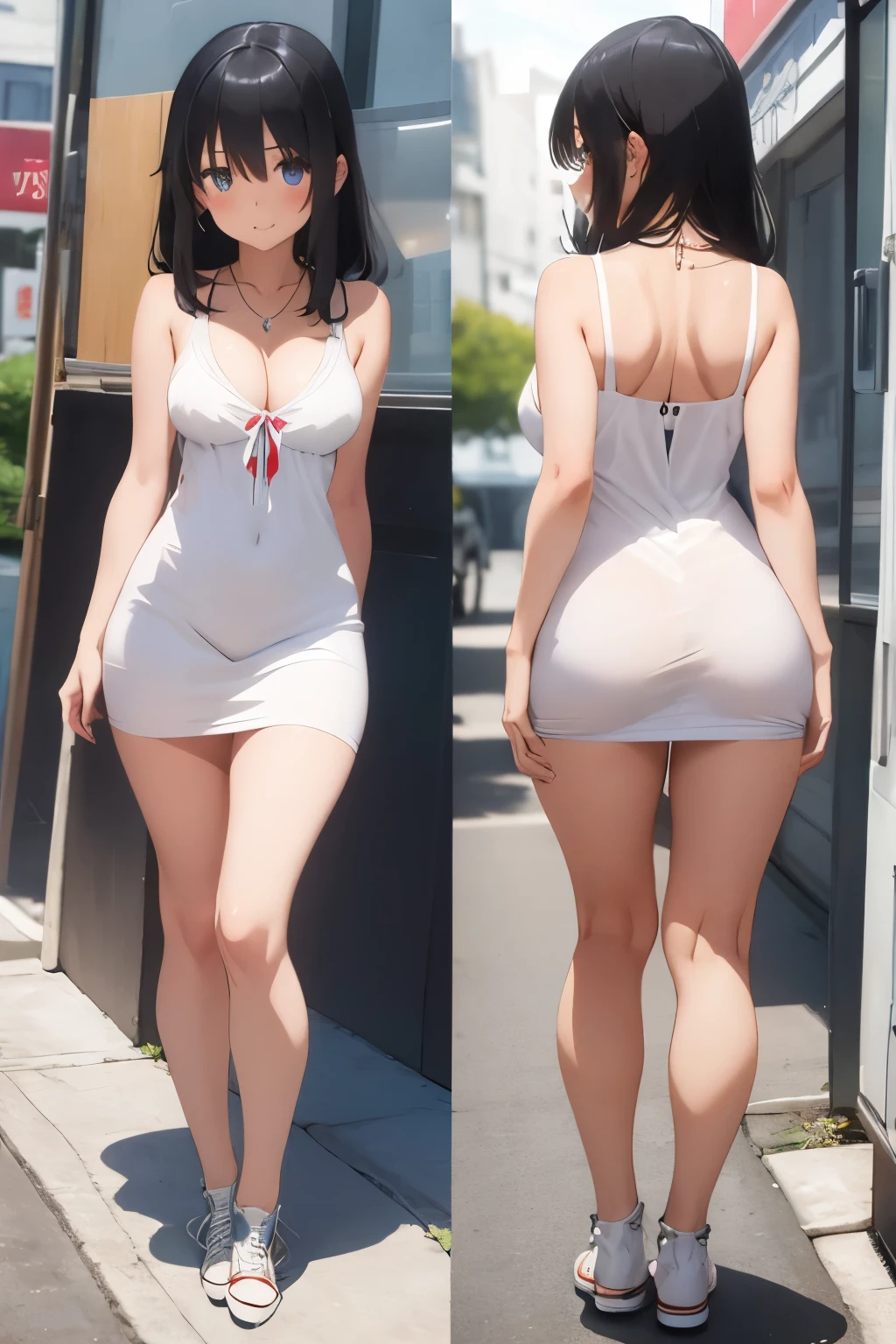 Girl with black hair wearing a necklace and an extremely short and sexy white tube dress with converse on her back with a large opening in the dress while showing her ass