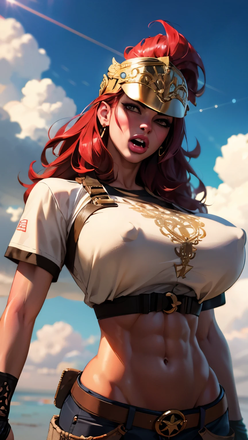Girl with wavy red hair and rebellious, ((hair slicked back)), (angry eyes), erect nipples under clothes, ((dark circles around eyes)), golden eyes and tanned skin, ancient roman pirate style clothes, (gigantic breasts), background with clouds, realistic manhwa style, (Thick and intricate lines drawn on the chest), (slendered abs), Three-dimensional helmet,Perfect balance,Highly detailed CG Unity 8K wallpaper, Perfect Lighting, masutepiece,Best Quality, 超A high resolution,4K,Ultra-detailed, Photography, 8K, nffsw, hight resolution, absurderes:1.2, Kodak Portra 400, Film grain, Lens Flare,professional photograpy, ((Anatomically correct)),