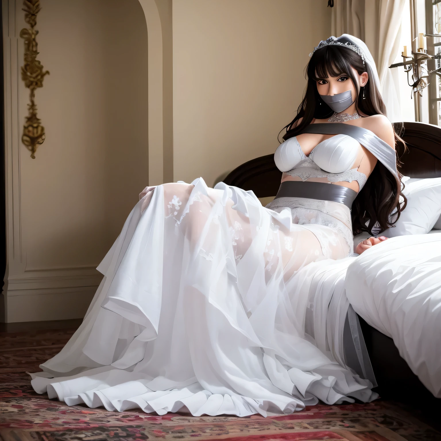 (bright lighting,romantic setting),bride captured, dreamy background,bondage,dark hair, mesmerizing gaze, , soft skin, alluring beauty, artistic portrait, high-quality image, vibrant colors, long silk gown, in the bed,tape bondage,tape gag, mosquito net, bridal