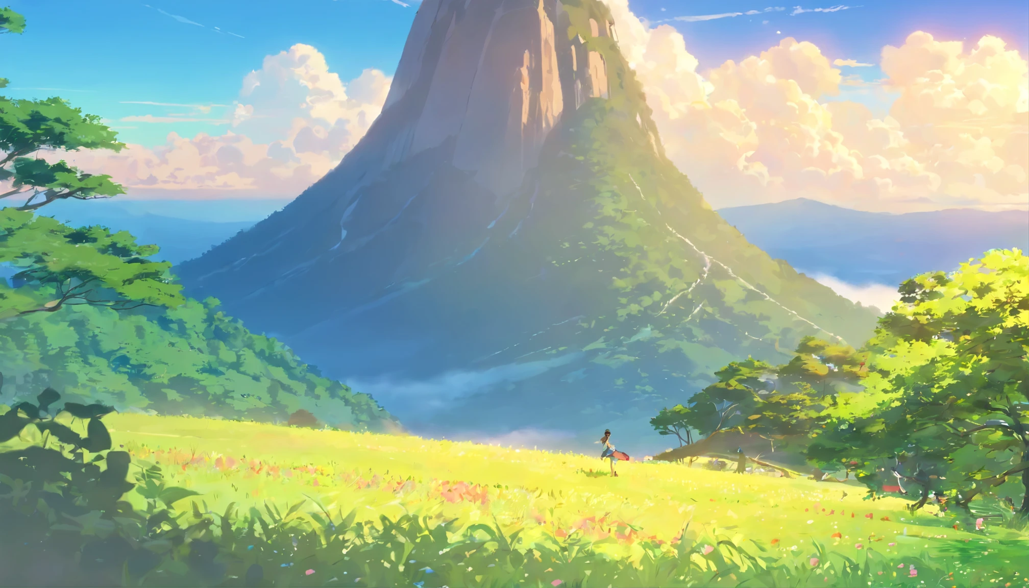 Continente Henggu,Eternal Mountain View,como un hada,Nubes auspiciosas revolotean,nubes blancas,El agua azul brilla,The mountains are rolling,ancient trees,exotic flowers,Hermoso paisaje。A large bell in the magnificent valley square.,Alrededor de un grupo de personas con huesos de viento de hadas.