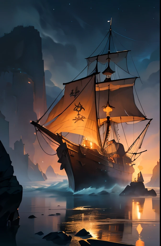 (ultra-detailed, highres, realistic:1.37),pirate bay at night,sparkling stars,calm sea,full moonlight,hidden treasures,old wooden ship,silhouette of pirates,shadows dancing on the beach,smoke rising from the ship's chimney,a ghostly aura,Middle Ages atmosphere,shipwreck,echoing sounds of waves,whispers of the night,hidden caves,distant island with a lighthouse,mysterious fog,shimmering reflections on the water,dark clouds,ominous shadows,majestic cliffs,rum barrels,pirate flags fluttering in the wind,glowing lanterns,moonlit path leading to adventure,sailing under the starry sky,secrets of the deep sea,seagulls flying above,treasure map unfolding,keys to unlock ancient chests,golden coins scattered on the shore,skull and crossbones symbol,stolen jewels glimmering,sailors with eye patches,whistling wind,moonlit pirate stories sung around the fire.