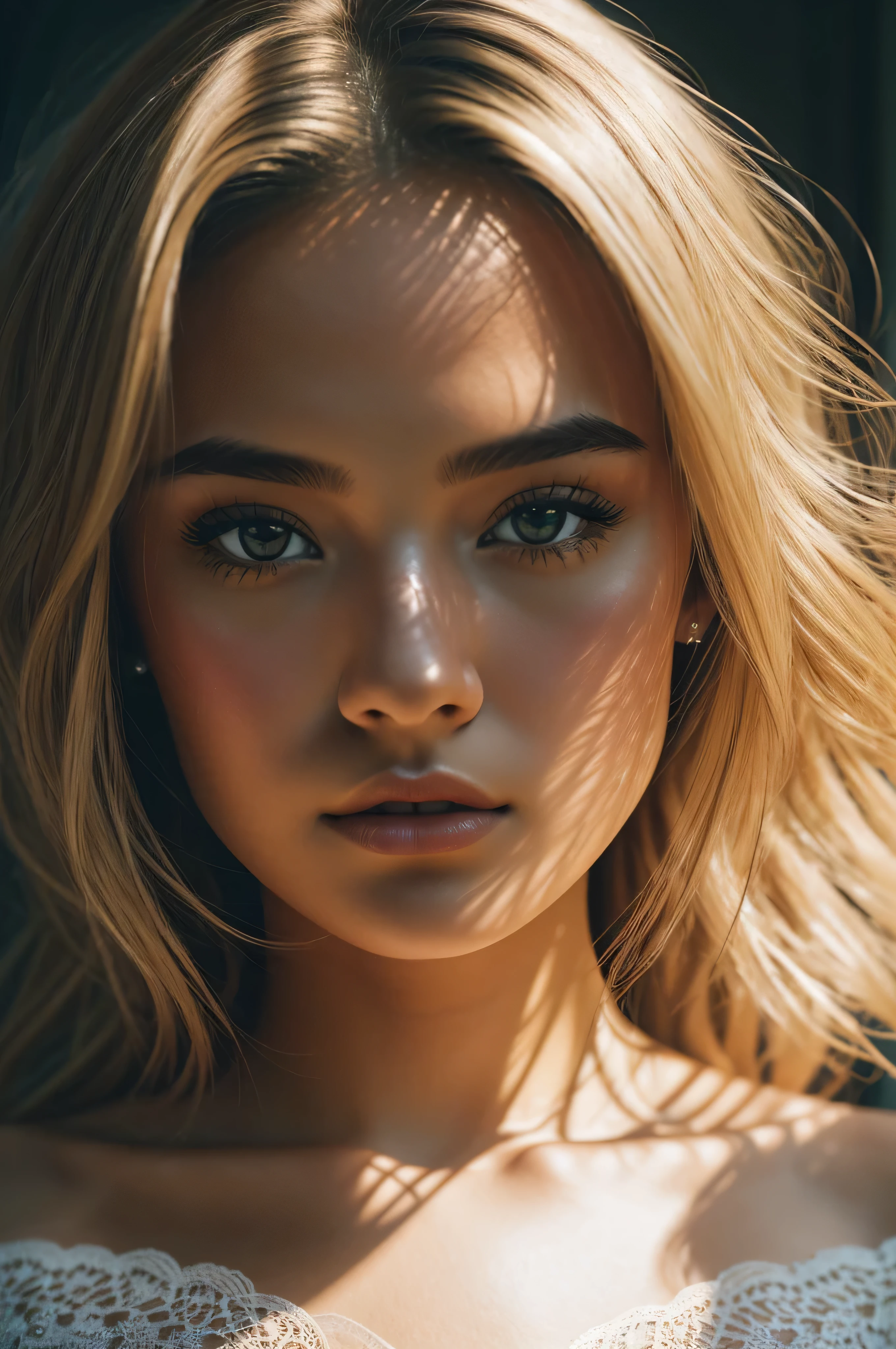 Top Quality, masterpeace, extra high resolution, (Photorealistic:1.4), Raw, 1 girl, blonde woman, blond hairbl, Brown eyes, solo, 19yo, off-shoulder, black lace lingerie, hair light, Shiny hair, eye highlights, Dark, deep-shadows, Low key, Cold light, Fujifilm XT3, (high quality:1.3), (ultra detail:1.3), (high resolution:1.3),  [[chromatic aberration]], best shadow, photorealism, hyperrealism, crystal clear, Cinematic lighting, volumetric lighting, (film grain:1.2), 1 girl, 8K, solo