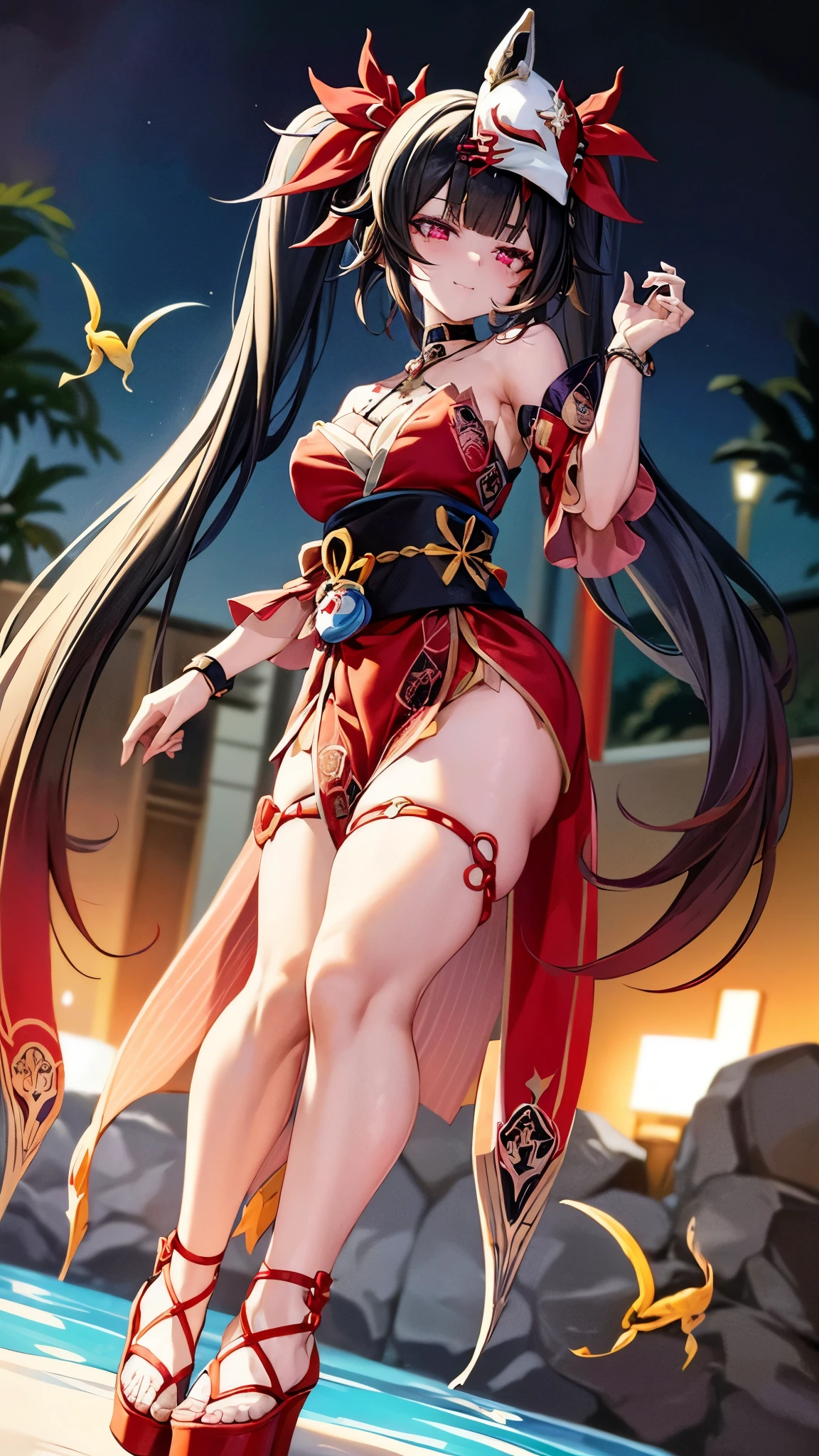 masterpiece: 1.3, best quality, super fine illustration, vibrant colors, (sharp focus), (depth of field), cinematic lighting, (dynamic angle), (cowboy shot), looking at viewer, pale skin, breasts gigantic, tight waist, slender body, smile, closed mouth, (((in the pool at night))), black twintails, (black hair: 1.3), red eyes, hair ornament, shoulderless kimono, ((( full body backdrop))), (full body photo), sensual pose, (((bottom view))), fox mask on head, separate sleeves, choker, obi, single glove, cross - tied sandals, bracelet , crossed halter, thigh strap, shine \\\ (honkai: star rail \\\), mask, twintails, (fish), long hair, fox mask, shine \\\ (honkai: star rail \\\ ), mask, twintails, fish, long hair, fox mask, masterpiece, best quality, ultra-detailed, detailed scenery, cinematic effect