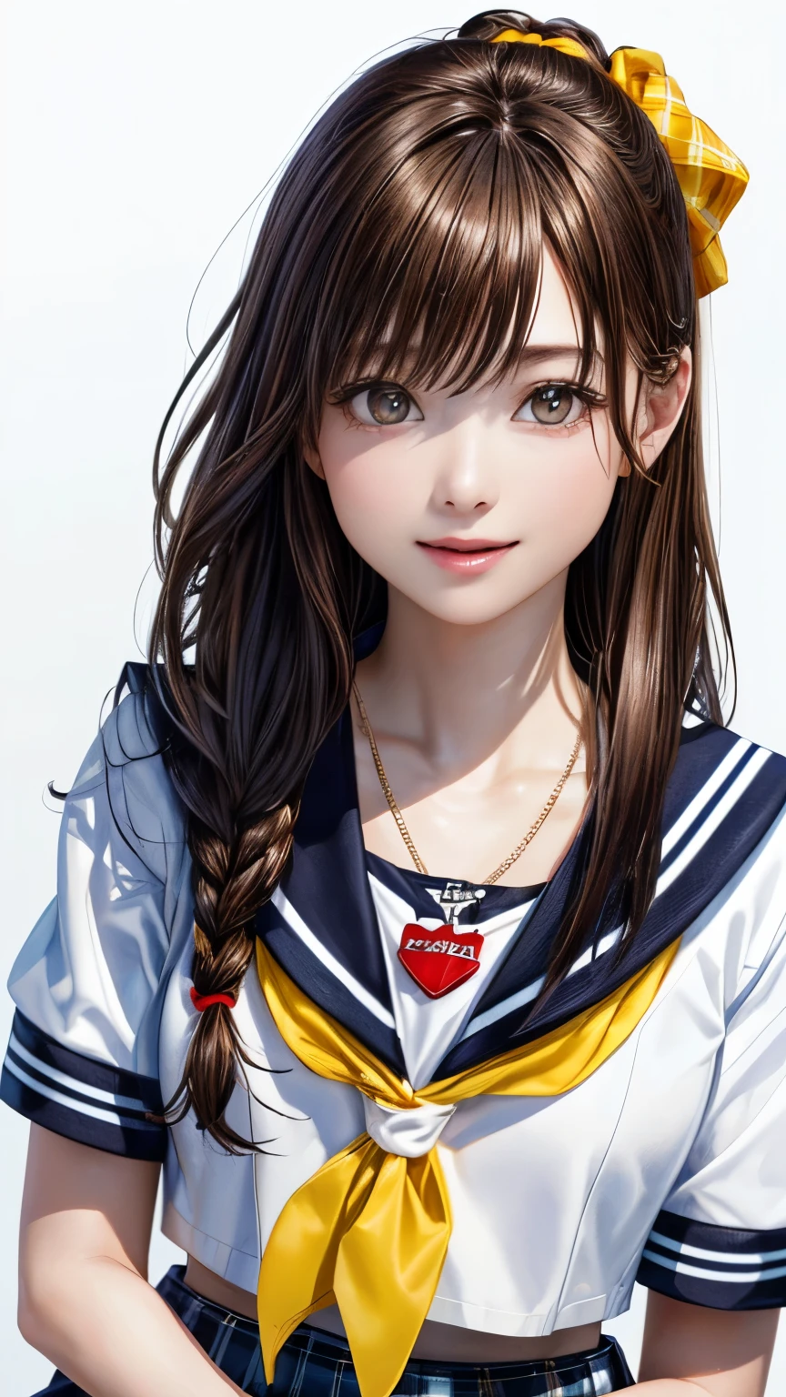 (highest quality、8k、32K、masterpiece)、(realistic)、(Photoreal:1.2)、(High resolution)、Super detailed、very beautiful face and eyes、1 girl、round and small face、thin waist、delicate body、(close、highest quality、high detail、rich skin details)、(highest quality、8k、oil paint:1.2)、Super detailed、(realistic、realistic:1.37)、bright colors、(((brown hair)))、(((full body shot)))、(((long hair)))、(((pure white wall background)))、(((pure white wall background)))、(((wear a sailor suit)))、(((I'laughter)))、(((wearing a short-sleeved sailor suit)))、(((look straight ahead)))、(((I have brown hair)))、(((Wearing a heart necklace)))、(((she is wearing a sailor suit)))、(((her hair is tied up with a yellow scrunchie)))、(((The right hand is behind the head)))、(((I can see the side)))、(((plaid pleated skirt)))、(((mini skirt)))、(((I'm wearing black knee socks)))