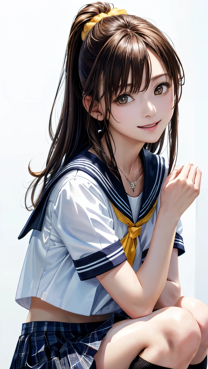 (highest quality、8k、32K、masterpiece)、(realistic)、(Photoreal:1.2)、(High resolution)、Super detailed、very beautiful face and eyes、1 girl、round and small face、thin waist、delicate body、(close、highest quality、high detail、rich skin details)、(highest quality、8k、oil paint:1.2)、Super detailed、(realistic、realistic:1.37)、bright colors、(((brown hair)))、(((full body shot)))、(((long hair)))、(((pure white wall background)))、(((pure white wall background)))、(((wear a sailor suit)))、(((I'laughter)))、(((wearing a short-sleeved sailor suit)))、(((look straight ahead)))、(((I have brown hair)))、(((Wearing a heart necklace)))、(((she is wearing a sailor suit)))、(((her hair is tied up with a yellow scrunchie)))、(((The right hand is behind the head)))、(((I can see the side)))、(((plaid pleated skirt)))、(((mini skirt)))、(((I'm wearing black knee socks)))