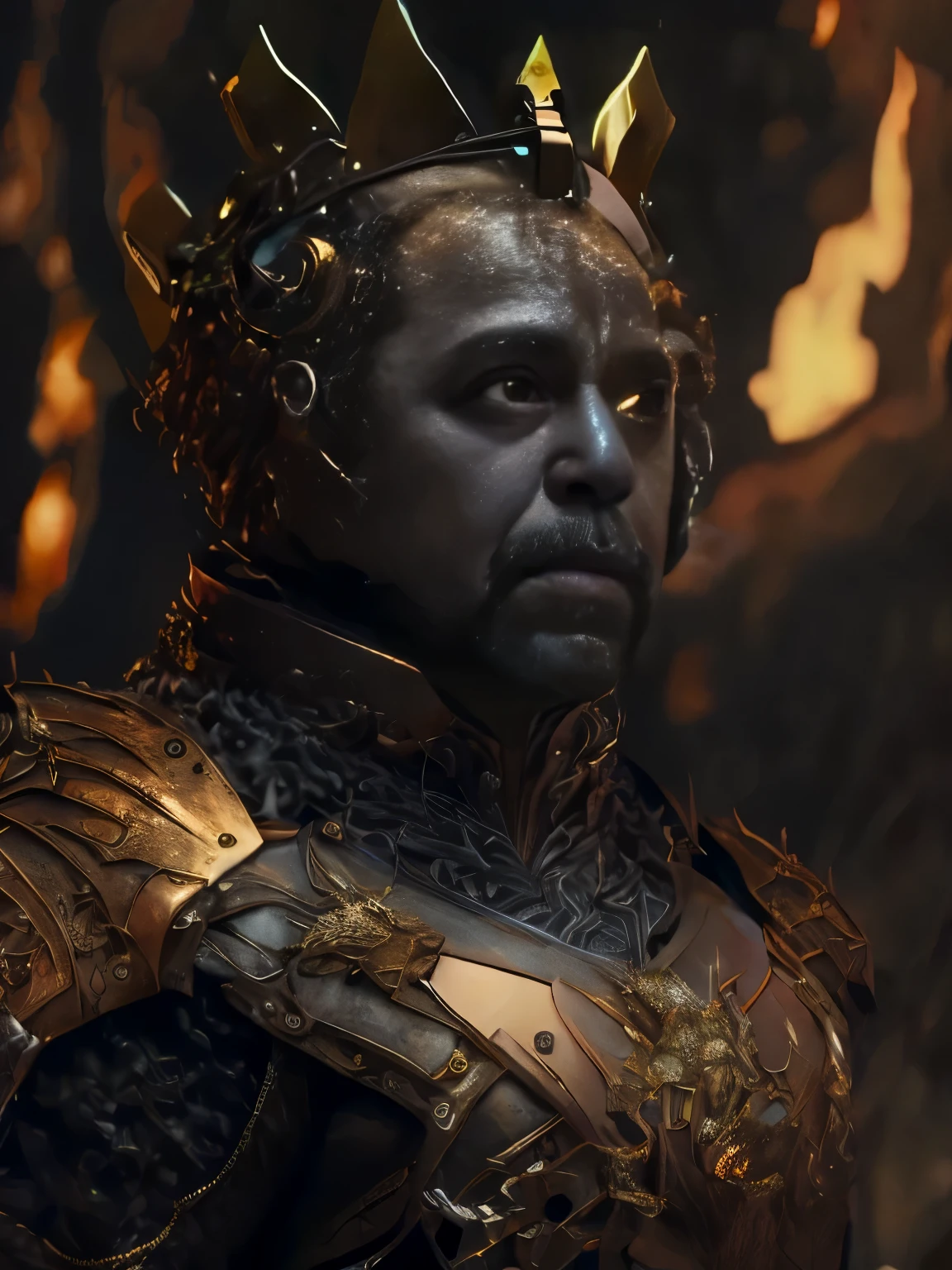 a close-up of a man in armor with a crown on his head, cena do filme duna 2 0 2 1, ainda de um filme de fantasia, ainda de loki ( 2 0 2 1 ), inspirado por Rajmund Kanelba, na duna do filme 2 0 2 1, cgi 8k, still do filme duna 2020
