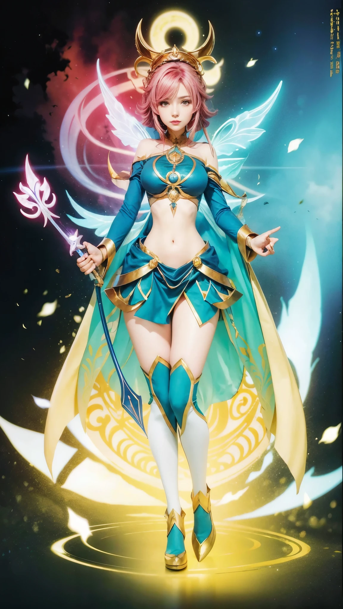 una imagen de dibujos animados de una mujer en un traje azul con una espada, retrato completo de elementalista, caballeros de la chica del zodiaco, hermoso mago celestial, cushart krenz arte clave femenino, portrait caballeros de la chica del zodiaco, /!\ la hechicera, Diosa del anime, una reina elfa, arte oficial del personaje, seductora princesa elfa caballero
