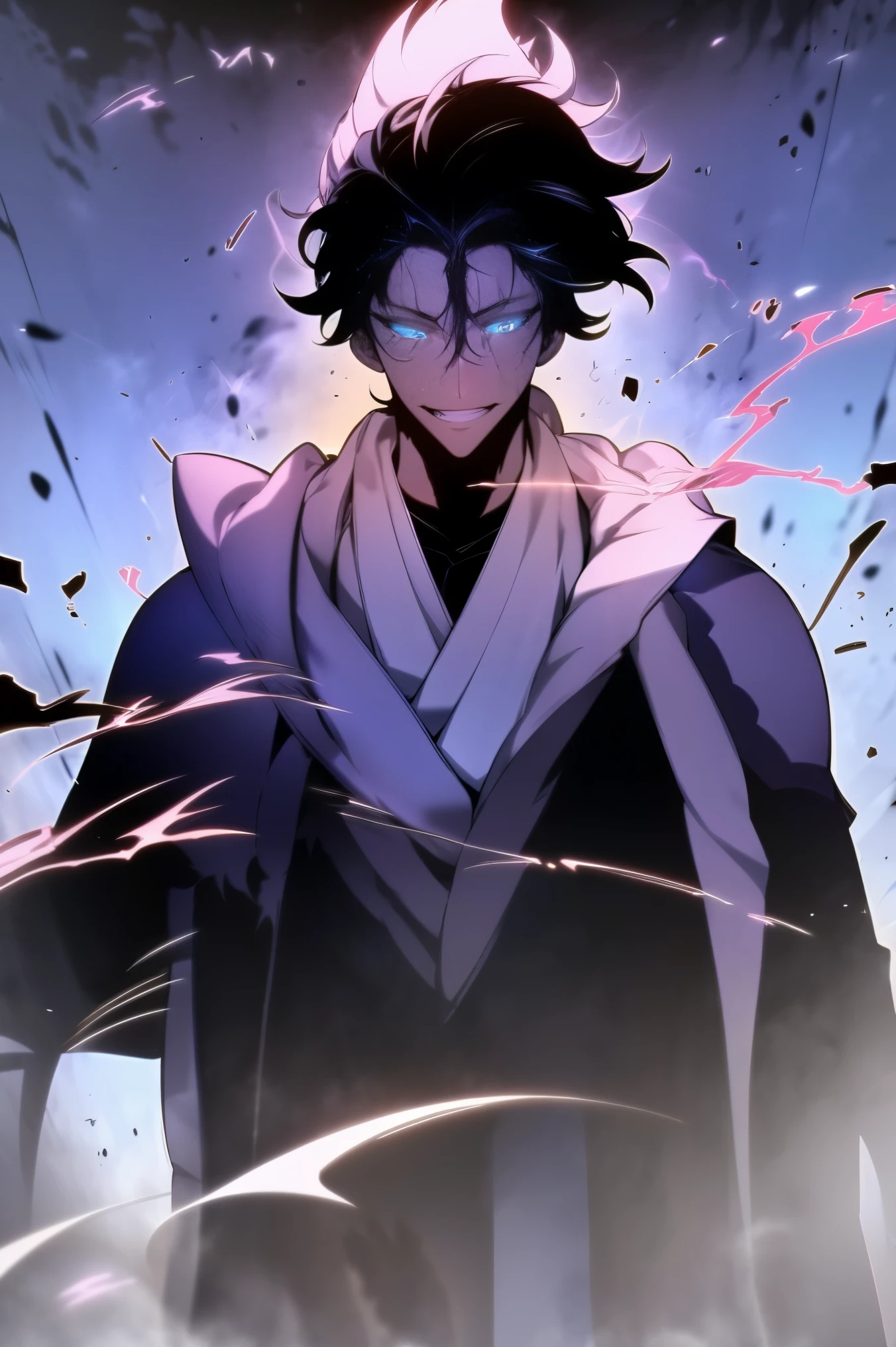 A man in fantasy clothes, wild Black hair, wild hair in a ponytail, white blue eyes, scar on the nose, scary smile, black scarf, black pancho, intense colors, 4k, un-zoom, intricate pencil sketch, perfect Anatomy