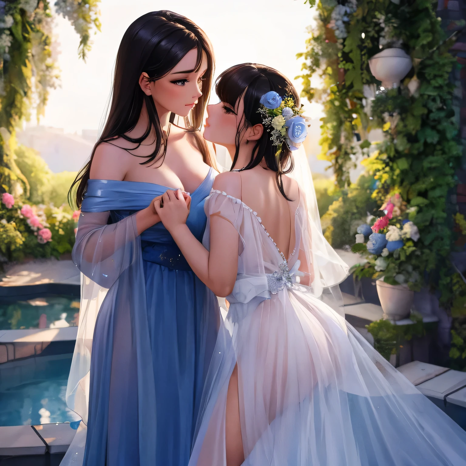 two girl kissing, see her ass,(bright lighting,romantic setting),dreamy background,bondage,dark hair, mesmerizing gaze, , soft skin, alluring beauty, artistic portrait, high-quality image, vibrant colors,translucent silk wedding dress, mosquito net,