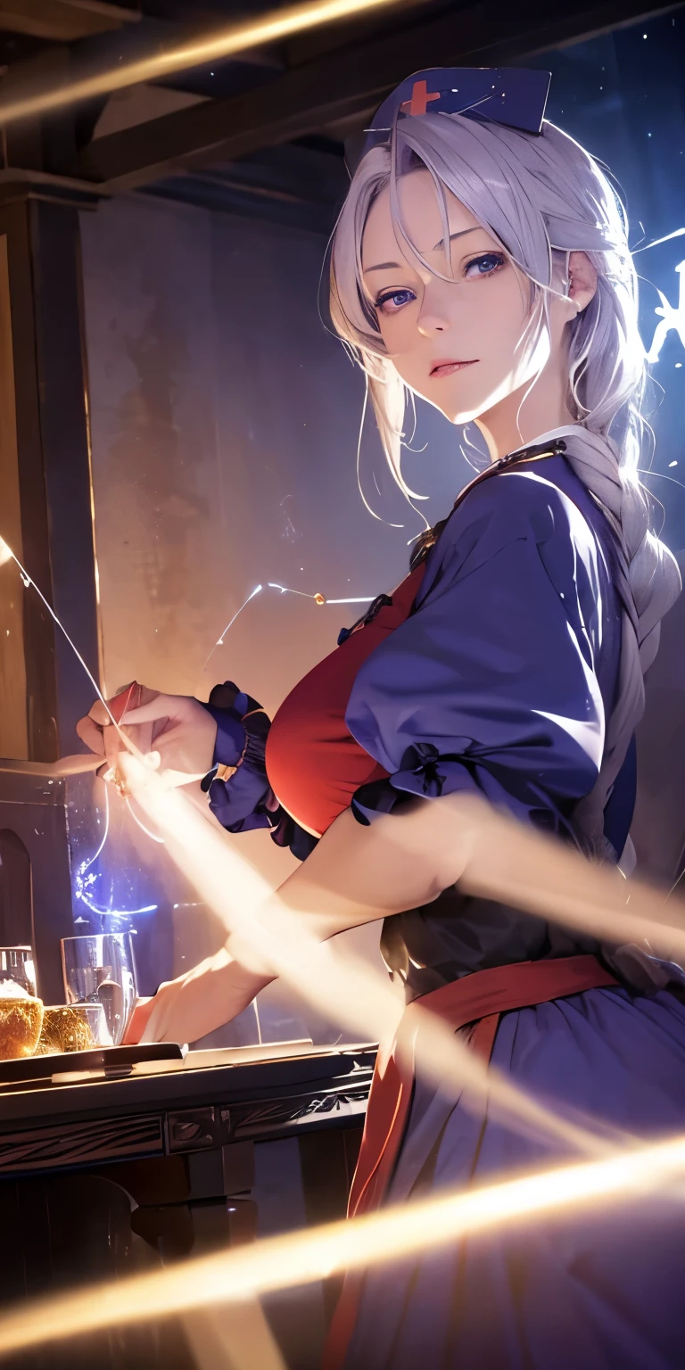 (masterpiece, best quality:1.3), (upper body:1.3), Yagokoro Eirin, Touhou Series, perfect face, expressive eyes, 1woman, looking at viewer, 38 years old, gorgeous body, big breast, beautiful, anime, lora,1woman, silver hair, braid hair, nurse cap, red and blue clothes, long skirt, (evil look:1.5), (cinematic lighting, realistic, dream-like, enchanting atmosphere:1.5), (photo of a woman in her dark and mysterious environment:1.2), (the woman surrounded by an aura of mystery and intrigue:1.1), (a table adorned with tarot cards, spread out in a mystic formation:1.1), (candles flickering, casting dancing shadows around the room:1.1), (the dim lighting adding to the ambiance of secrecy and mysticism:1.1), (a crystal ball nearby, adding to the mystical setting:1.1), (symbols of astrology and esoteric knowledge decorating the room:1.1), (a hint of incense in the air, adding to the sensory experience:1.1),