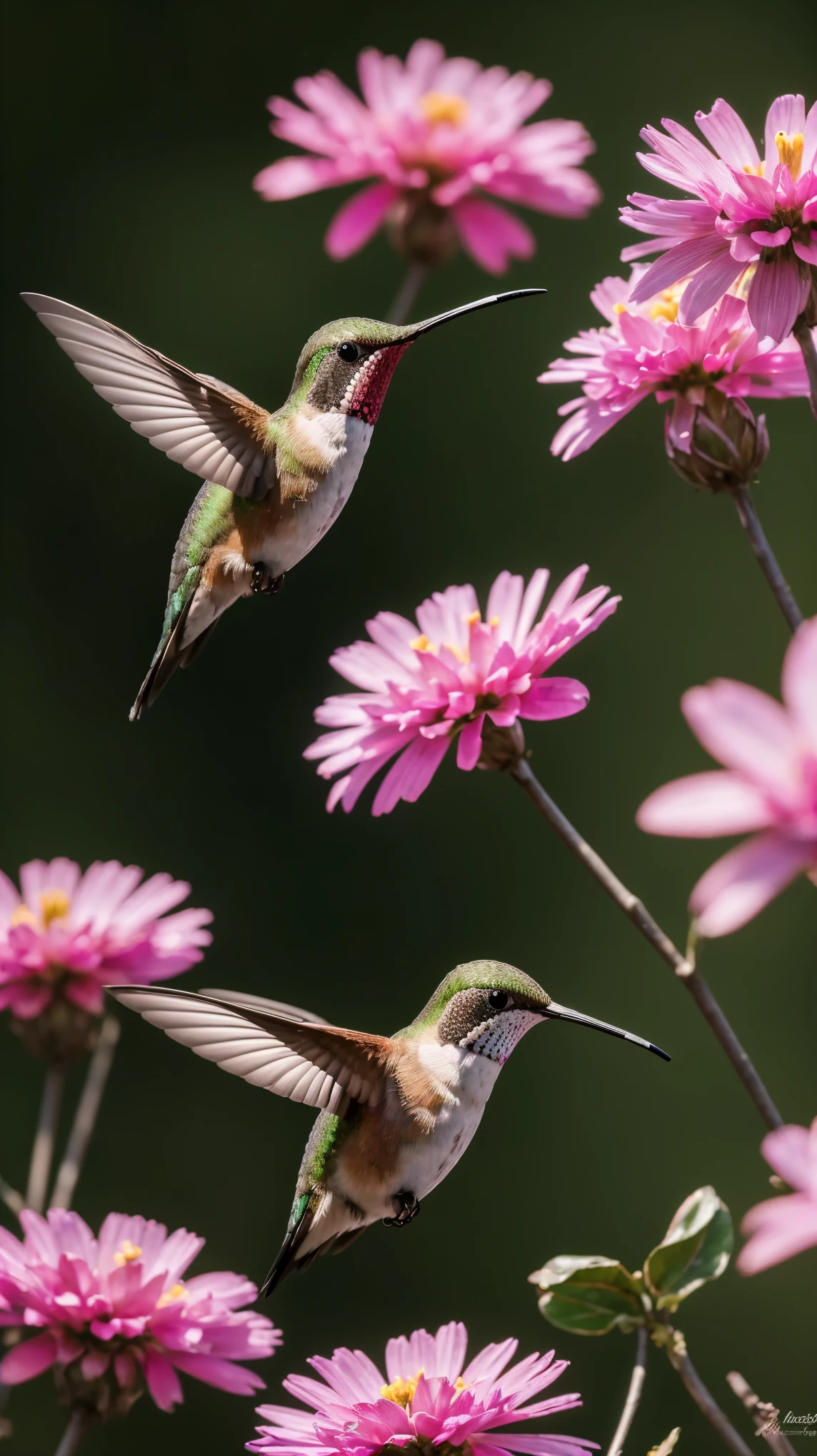 ((masterpiece, highest quality, Highest image quality, High resolution, photorealistic, Raw photo, 8K)), colorful Hummingbird flying near beautiful flowes