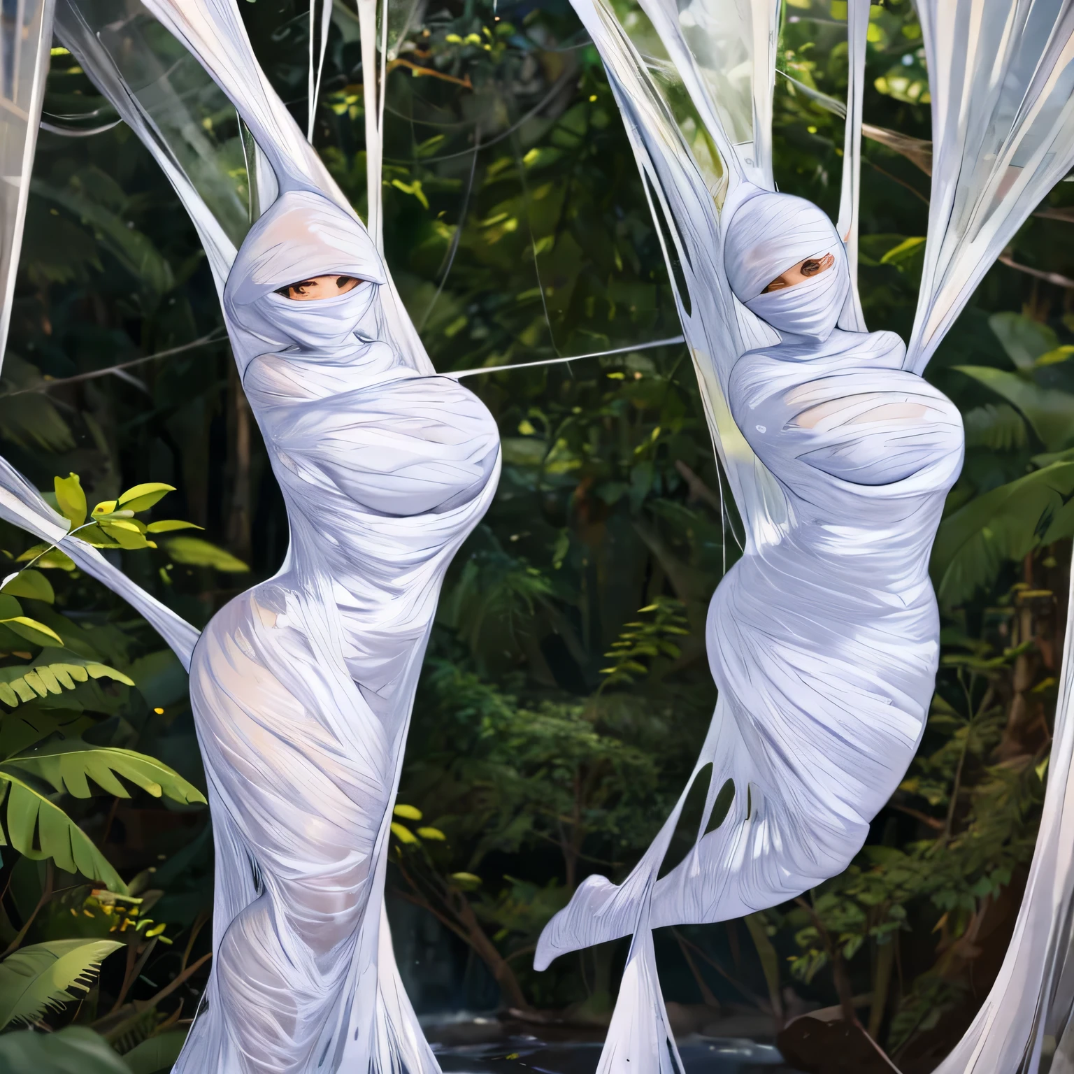 a girl entangled in the spider web, struggle, detailed classroom, (cocoon:1.3), spider web, hanging, spider in the web, spider