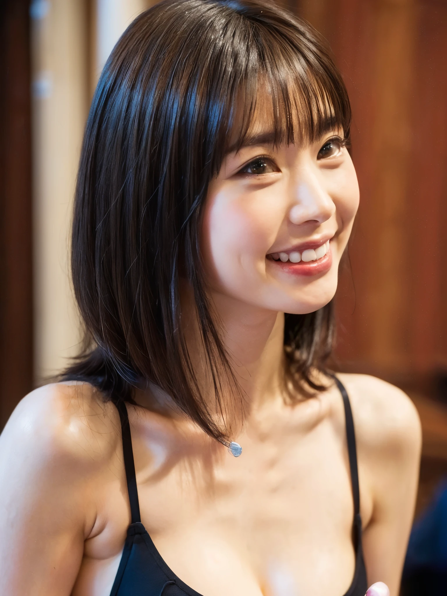 (table top, highest quality、ultra high resolution、face focus focus、focus on the sides、navel focus、decolletage focus、very attractive beauty、Adds intense highlights to the eyes、look closely at the camera:1.4、Absolutely beautiful bangs:1.4、Brunette short bob hair with bangs:1.4),1 girl, Report, black haired, realistic, looking at the viewer, pale black eyes, short hair, lips, lip gloss, Upper body、Big eyes、eyelash)、((italian natural background、hyper real stick:1.4))、((short hair with bangs:1.4、Beautiful bangs with 46 points:1.4、{Huge|big|Hugeな|mega} chest:2, cleavage:2、Big eyes、Give students very powerful highlights、very bigger chest、look at the audience、very beautiful beauty、show me your ears、beautiful long neck、beautiful decollete、smile、A smilee beautiful teeth、Open your mouth and smilee))、28 years old、very cute super model、perfect anatomy