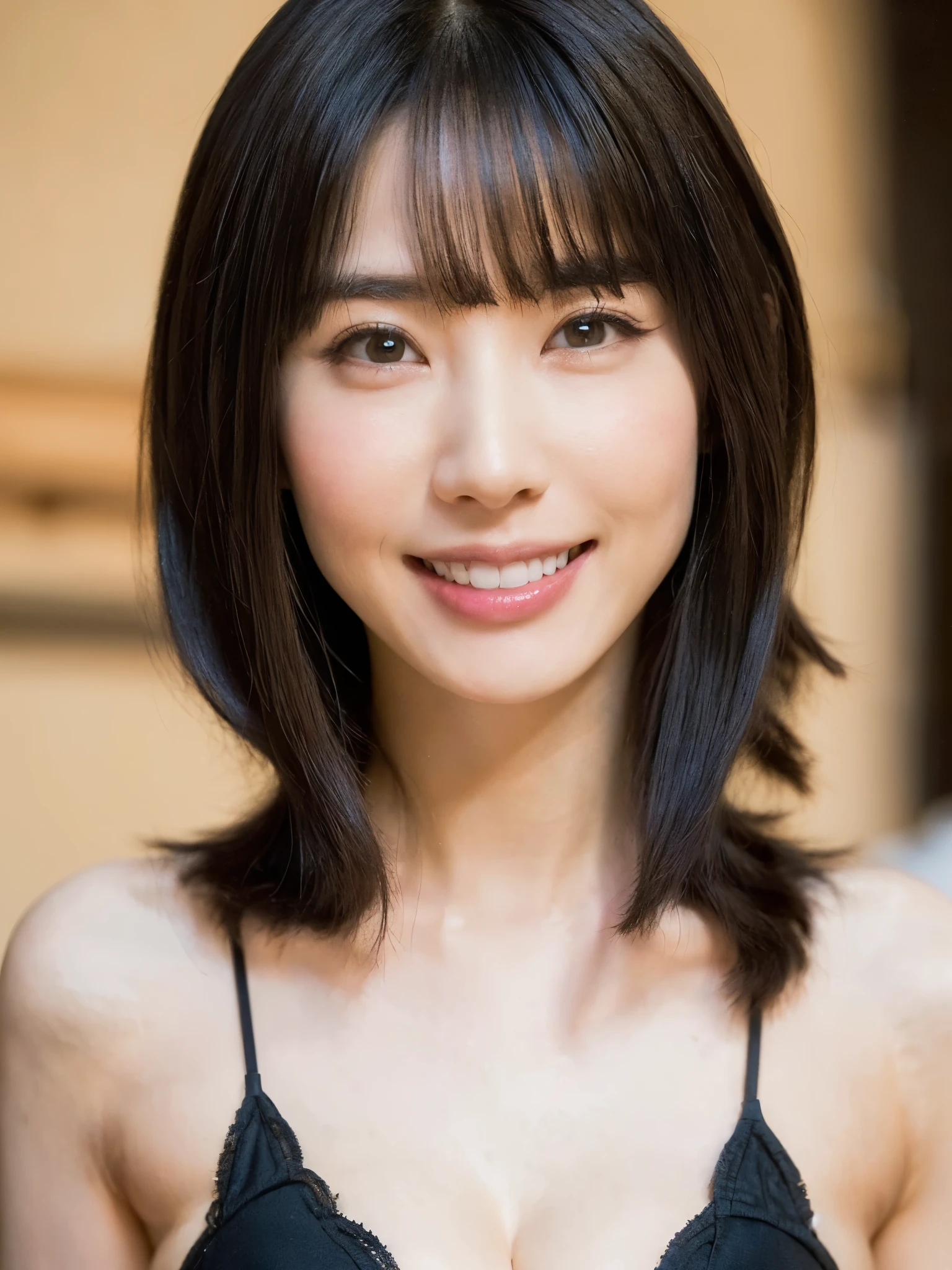 (table top, highest quality、ultra high resolution、face focus focus、focus on the sides、navel focus、decolletage focus、very attractive beauty、Adds intense highlights to the eyes、look closely at the camera:1.4、Absolutely beautiful bangs:1.4、Brunette short bob hair with bangs:1.4),1 girl, Report, black haired, realistic, looking at the viewer, pale black eyes, short hair, lips, lip gloss, Upper body、Big eyes、eyelash)、((italian natural background、hyper real stick:1.4))、((short hair with bangs:1.4、Beautiful bangs with 46 points:1.4、{Huge|big|Hugeな|mega} chest:2, cleavage:2、Big eyes、Give students very powerful highlights、very bigger chest、look at the audience、very beautiful beauty、show me your ears、beautiful long neck、beautiful decollete、smile、A smilee　beautiful teeth、Open your mouth and smilee))、28 years old、very cute super model、perfect ???????