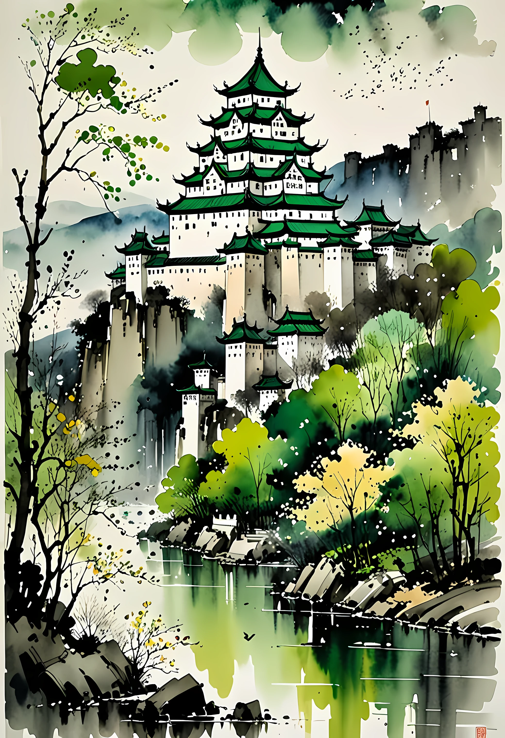 by Wu Guanzhong, ink and wash, castle springtime celebration, nighttime, leaves, green, high saturation (best quality, perfect masterpiece, Representative work, official art, Professional, high details, Ultra intricate detailed:1.3)