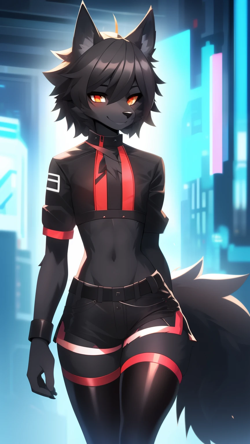 Best quality, Super detailed illustration, (furry wolf boy:1.4), (matte black fur color:1.4), feminine face and body, disheveled thick hair, Cyberpunk Clothing, short shorts, Tight stockings, shy smile, Femboy, small waist, wide hips, Slim, Perfect body, long demon tail