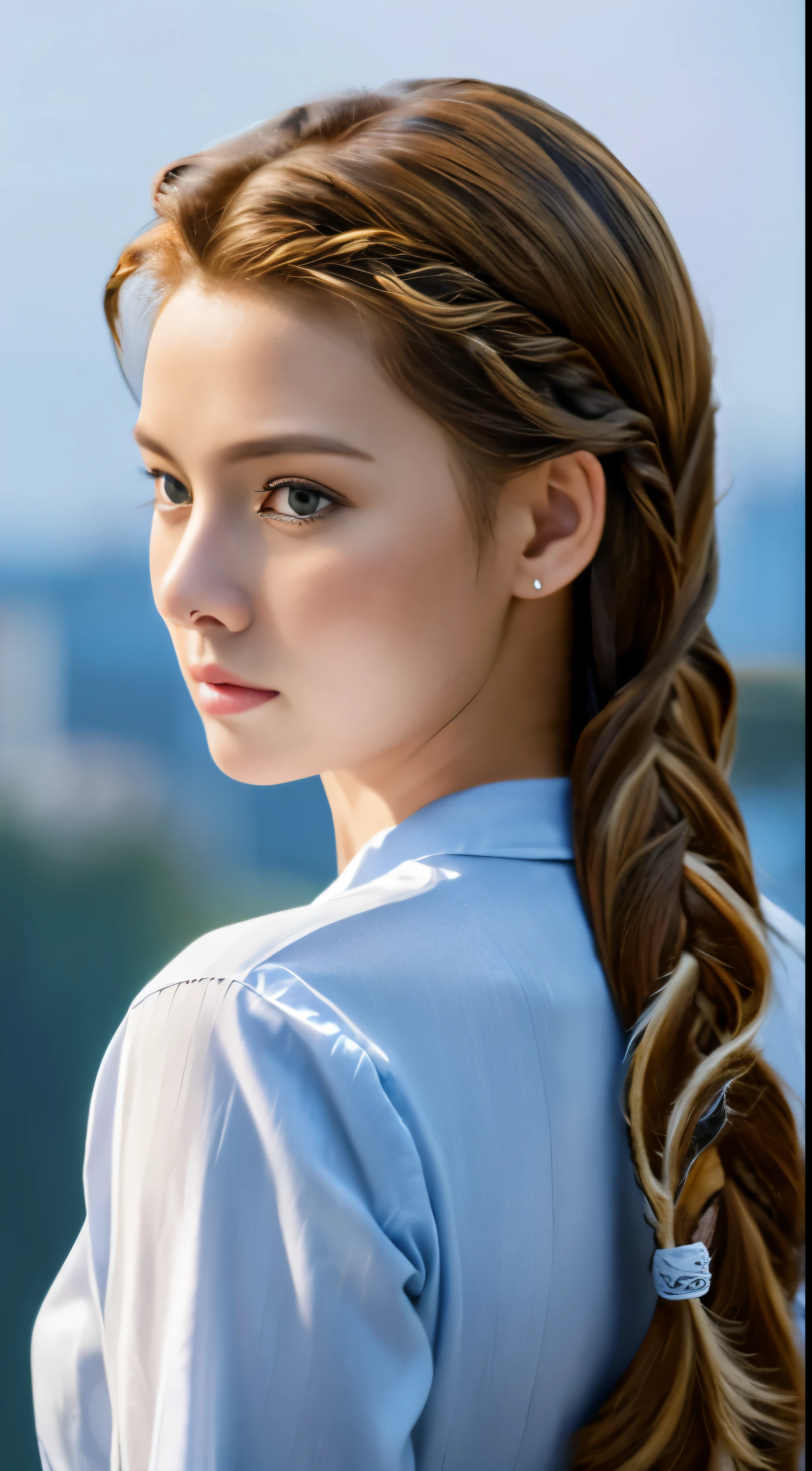 ((movie poster:1.2))、Single-frame、most real and authentic、highest resolution:8K、face resolution:16K、 ((braid hairstyle:1.5))、golden hair interwoven、flowing down the back、 Science fiction、SF、movie「Foundation」Based on the original work、 view from the front、angry expression、 20 year old woman、defines the age of maturity and experience、 A black one-sided hairstyle that looks great on fair skin、 Brown eyes full of intensity and determination、 Beautiful woman