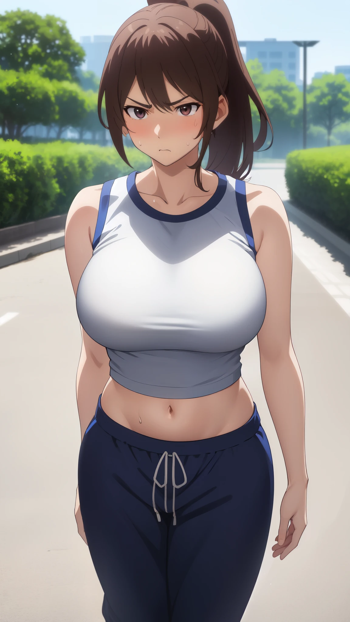 (best quality:1.5, highres, UHD, 4K, detailed lighting, shaders, HDR, hand depiction, anime style), brown ponytail, left hair bang, large breasts, grey tanktop, crop top, sweatpants, serious face, sexy, pov, close shot, standing, park background