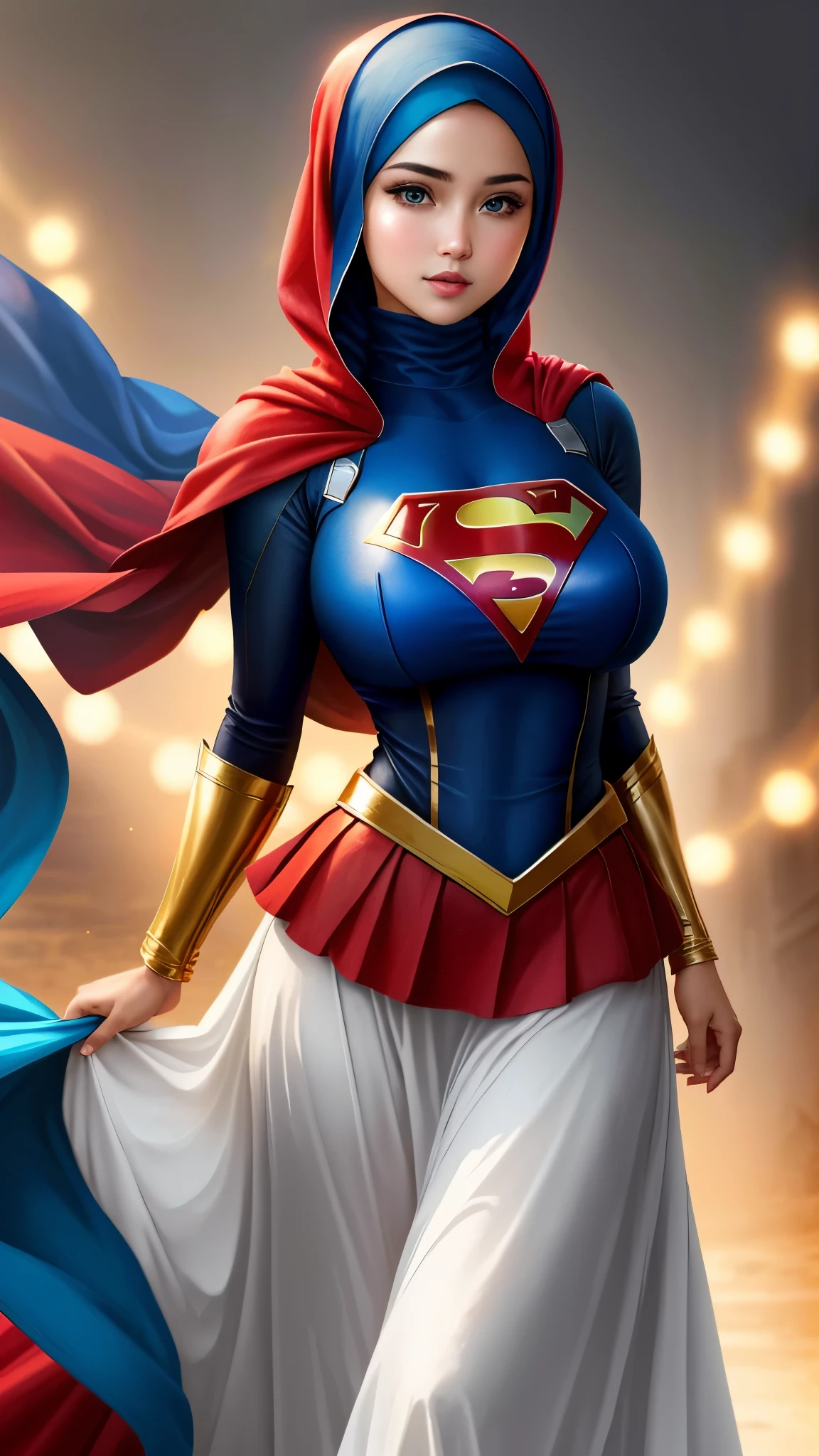 photo portrait of the Supergirl wearing islamic uniform with hijab, colorful, realistic round eyes,blue eyes, full chest covering with shirt, dreamy magical atmosphere, superheroes islamic costume with hijab, islamic style superhero uniform support with hijab, beautiful face, long skirt,high neck shirt, (large breasts:1.3),long skirt with long trousers , full shirt with high neck, trousers