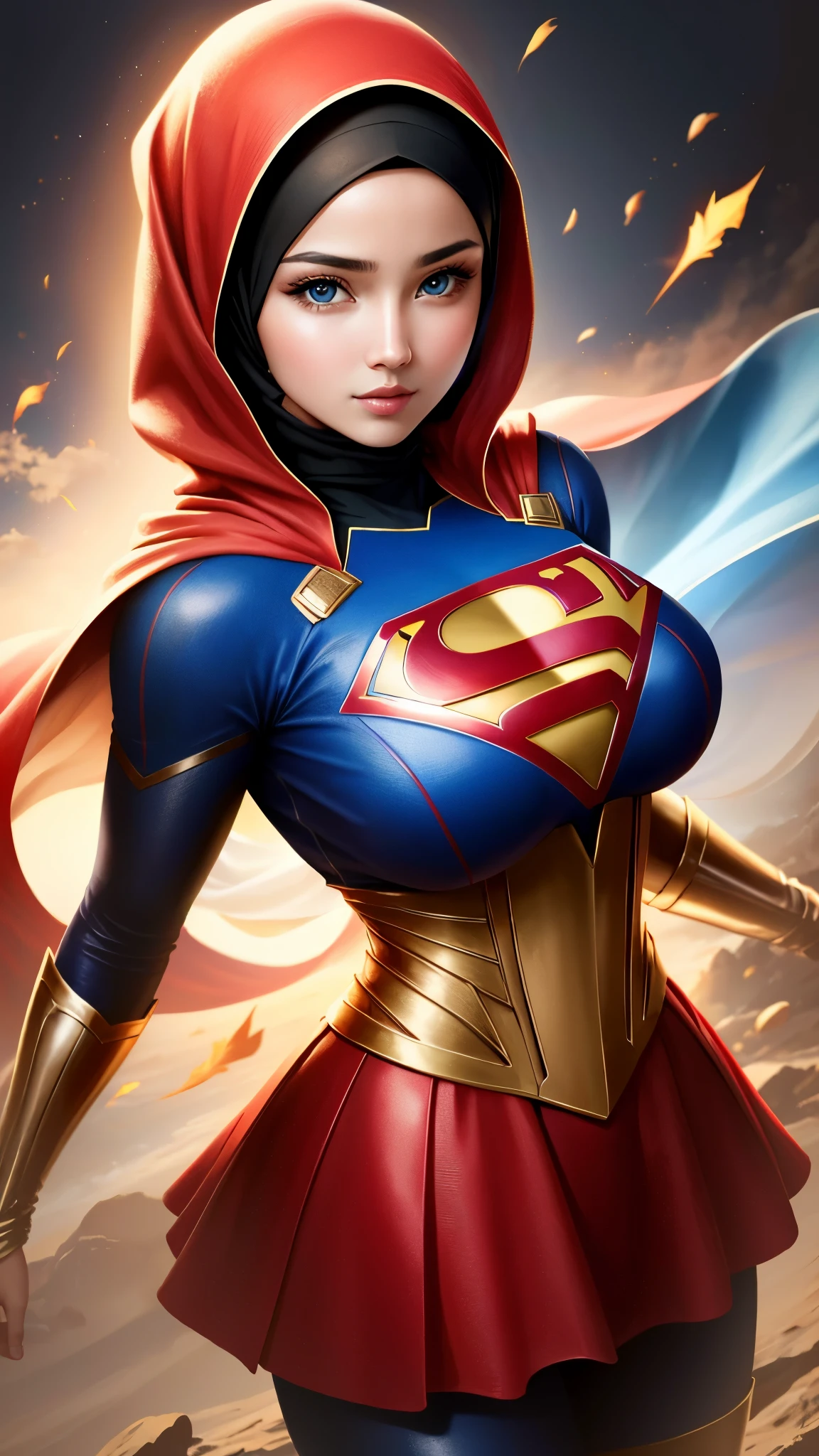 photo portrait of  the Supergirl wearing islamic uniform with hijab, colorful, realistic round eyes,blue eyes, dreamy magical atmosphere, superheroes islamic costume with hijab, islamic style superhero uniform support with hijab, beautiful face, long skirt,high neck shirt, (large breasts:1.3),